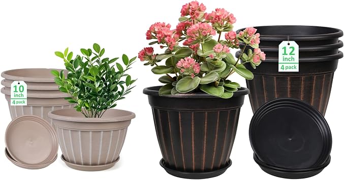 FGstyle 4 Pack 10 inch Black and 4 Pack12 inch Black Flower Pots with Drainage Holes and Saucer for Outdoor Indoor Plants.