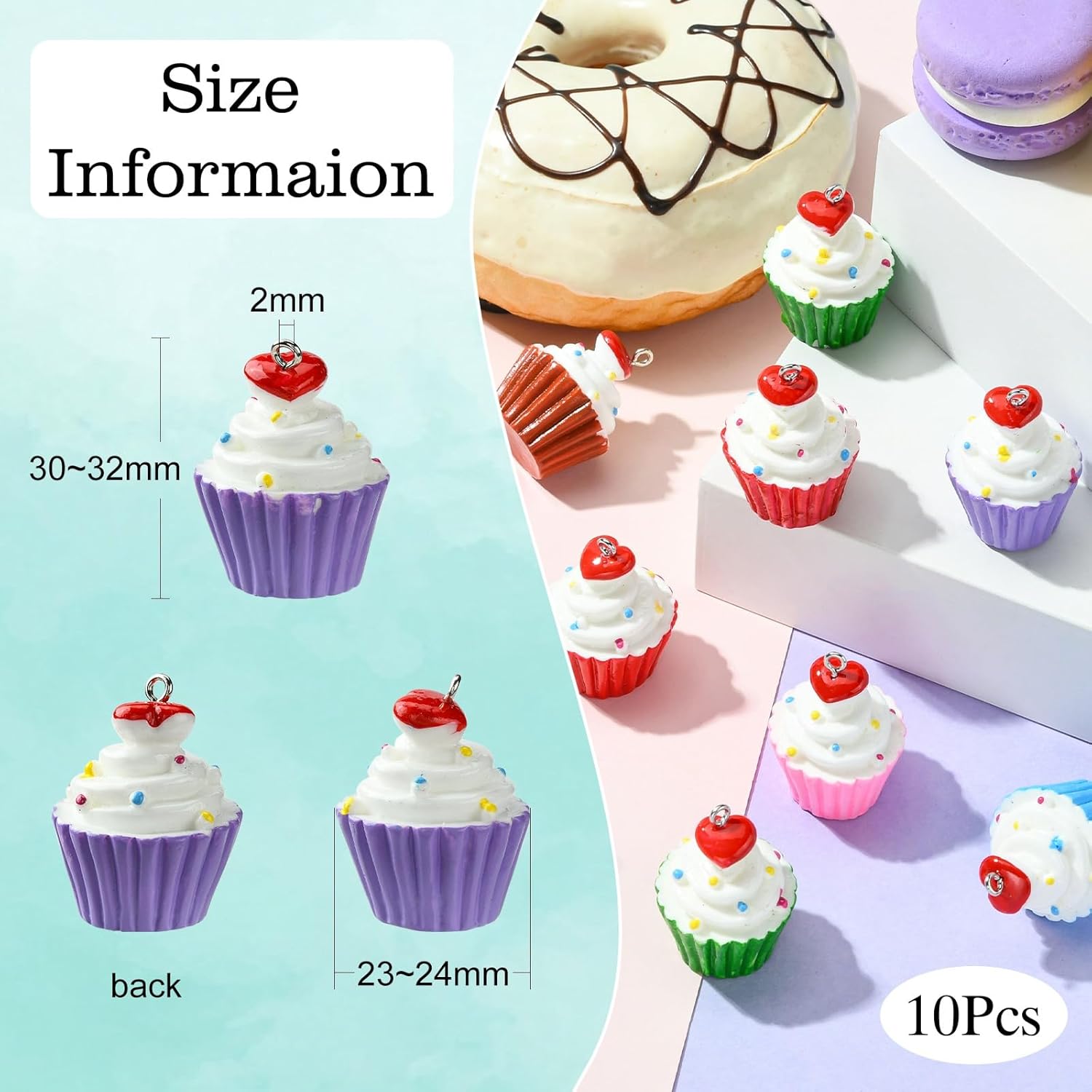 KitBeads 10pcs Random Resin Cupcake Charms - Imitation Sweet Food Colorful 3D Dessert Cake for Jewelry Making Bracelets Bulk - Image 2