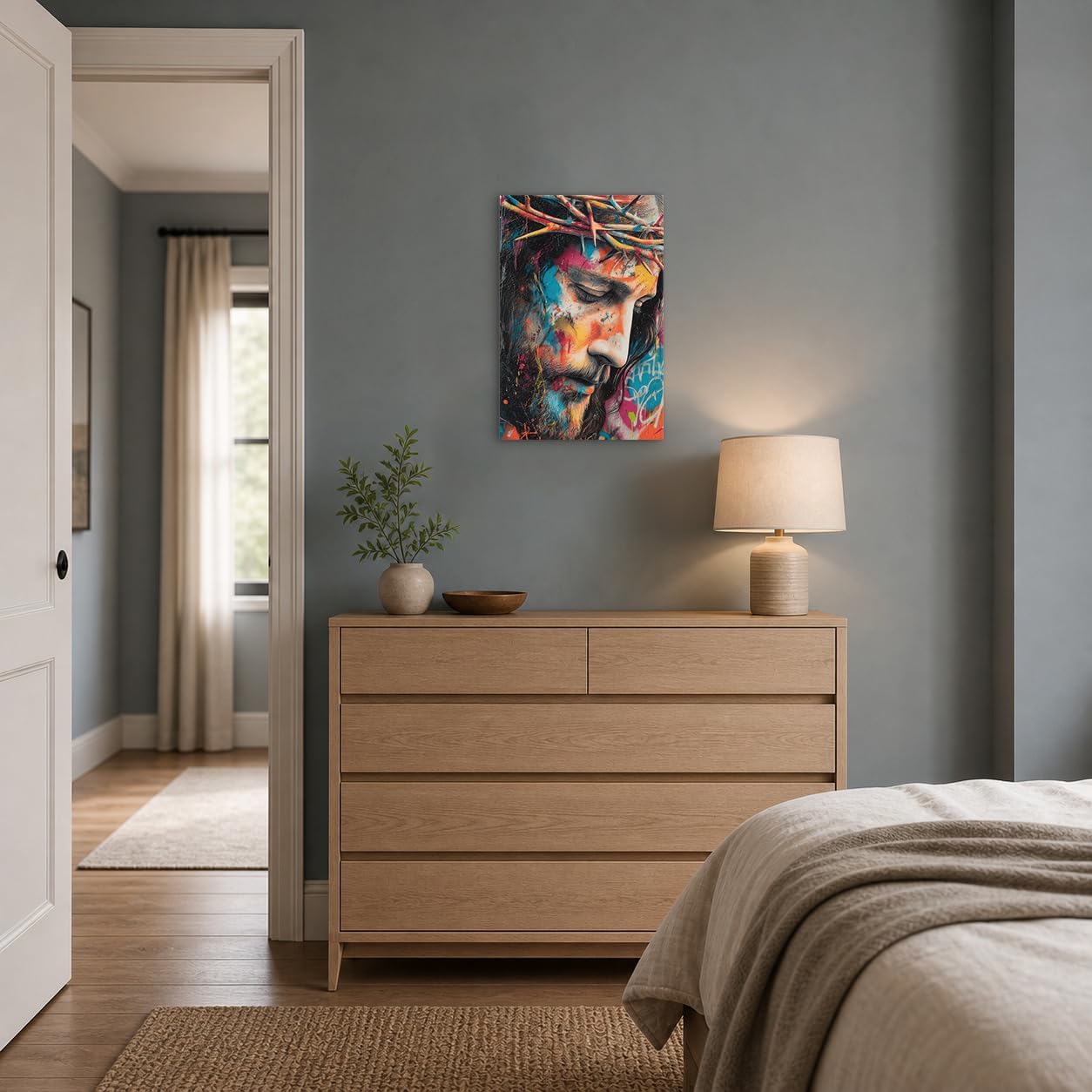 Jesus Wall Art Crown of Thorns Christian Home Decor with Built-in Wooden Frame - Jesus Pictures for Wall & Religious Pictures Graffiti Art for Living Room & Bedroom - Lightweight & Easy Hanging, 16x24 Inches image 4