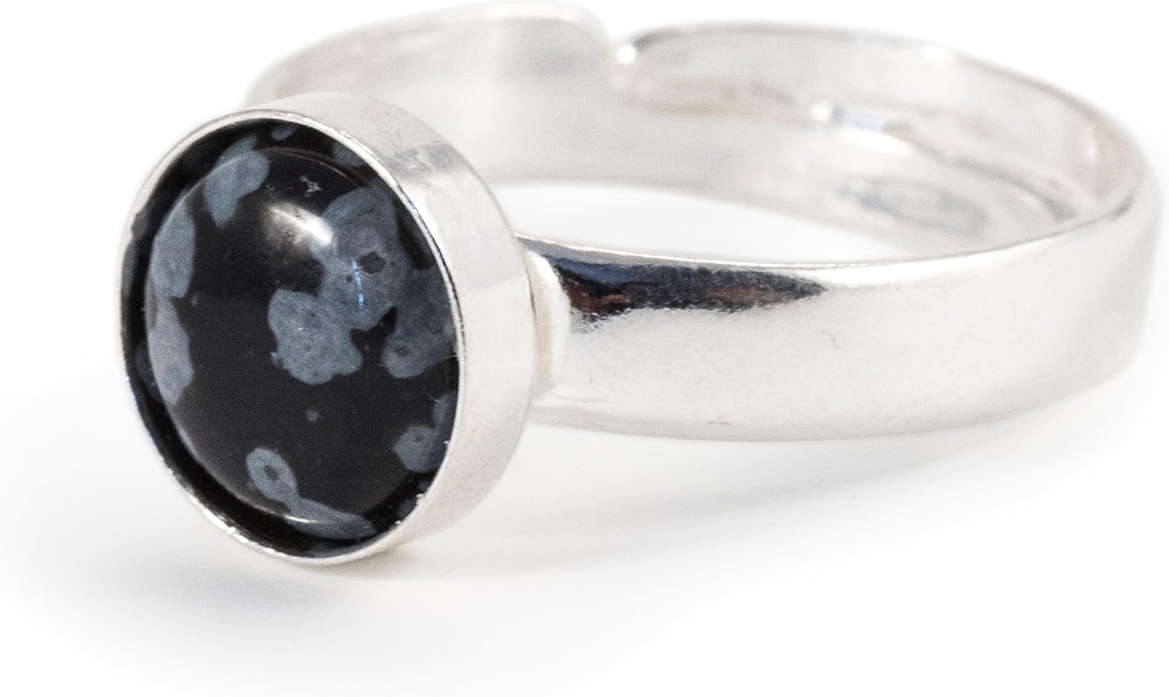 Adjustable Ring with Black Snowflake Obsidian in Sterling Silver, 8 mm Natural Gemstone