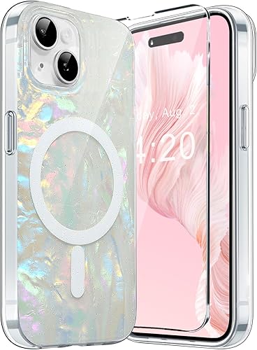 Miniatura 10 de Funda MagSafe compatible con iPhone 15 Pro Max para mujeres y niñas, funda magnética de mármol de lujo con ópalo perlado para iPhone 15 Pro Max 1