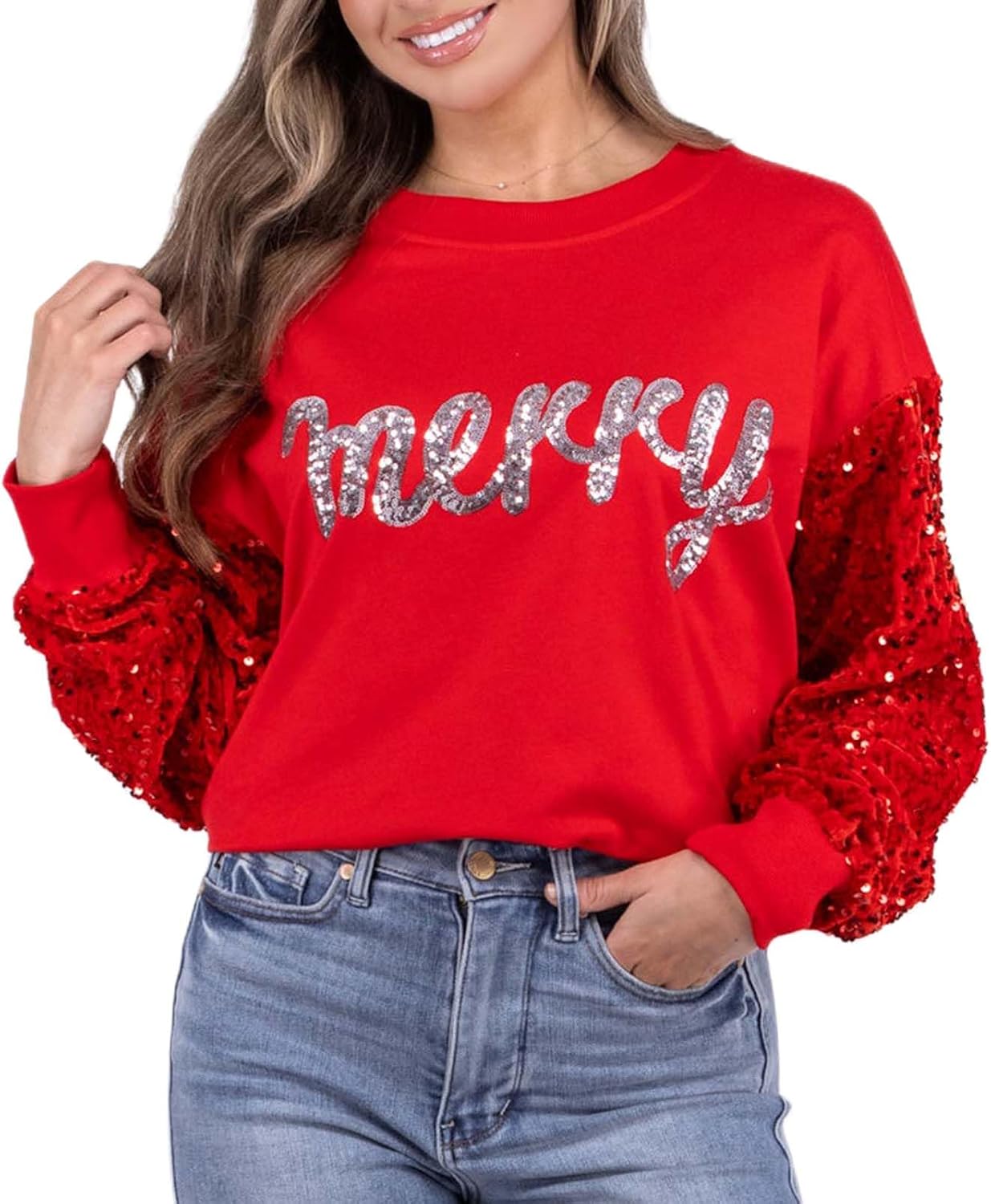 Yiulangde Women Christmas Sequin Oversized Sweatshirt Cute Funny Bow Graphic Pullover Long Sleeve Crewneck Xmas Shirt Top