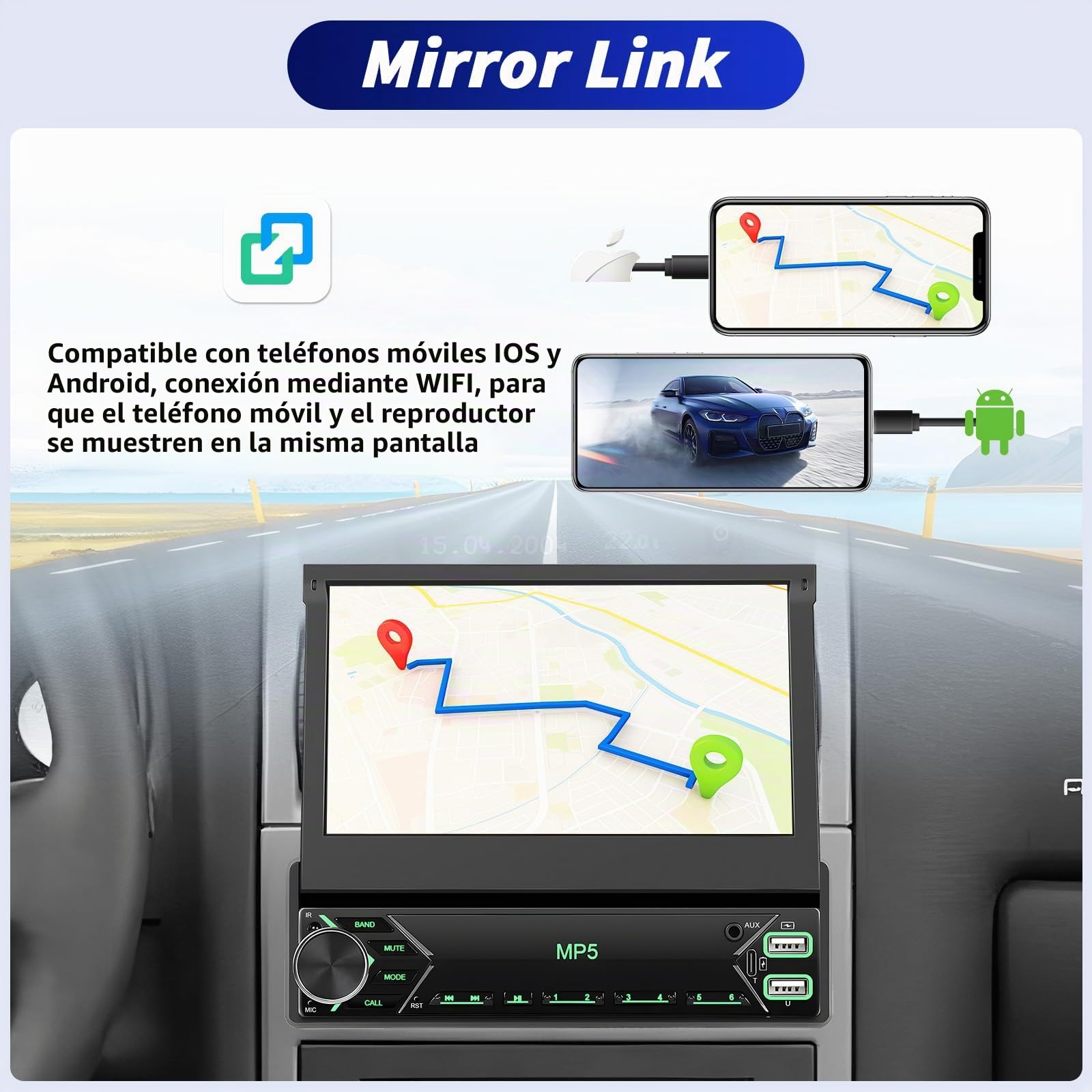 OiLiehu Dab+ Radio 1 DIN con CarPlay Android Auto Inalámbrico, 7" IPS Pantalla Retráctil Manual Radio para Coche con Enlace Espejo, Bluetooth, FM/Dab, SWC, AUX, EQ, USB, Tipo-C, Camara Marcha Atras