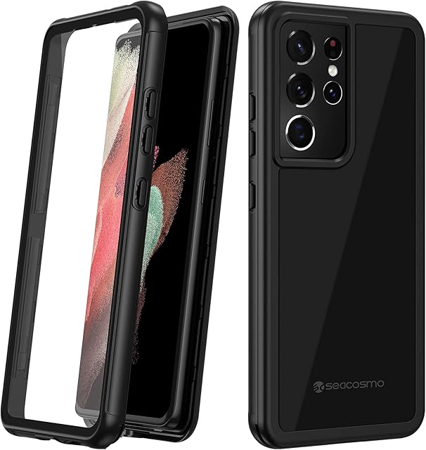 seacosmo Samsung S21 Ultra Case, Galaxy S21 Ultra Case with Screen Protector Full Body Shockproof Armour Cover Slim Fit Bumper Protective Phone Case for Samsung Galaxy S21 Ultra 6.8''- Black/Clear