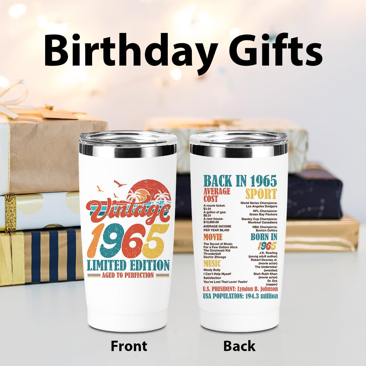 Vintage 1965, 61st Birthday Gifts for Women, 61st Birthday Decorations Tumbler, 20 oz Stainless Steel Insulated Coffee Mug, Gifts for 61 Year Old Woman Grandma, Travel Cup, White Drinking Cup for Car - Image 2