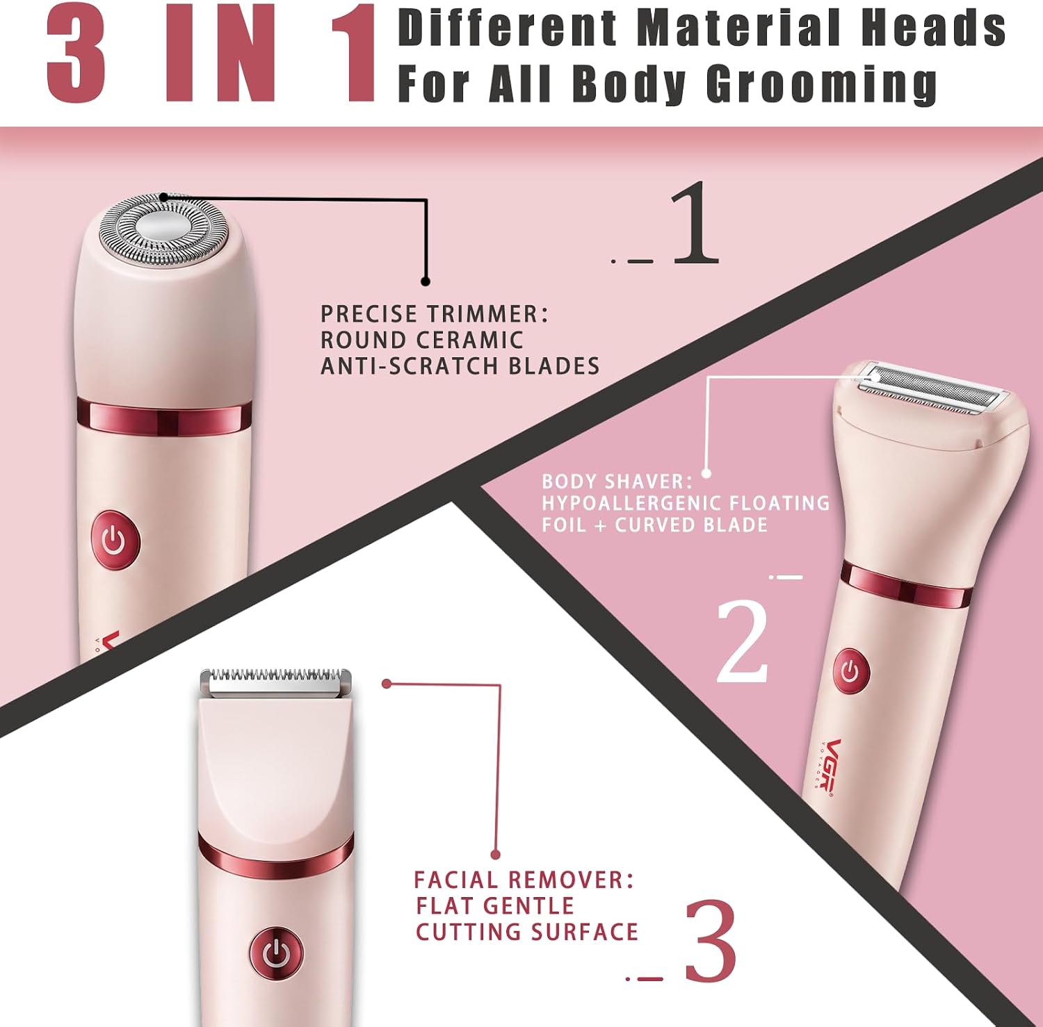 VGR 735 3-in-1 Women's Shaver, Facial Hair Remover & Bikini Trimmer, Pink