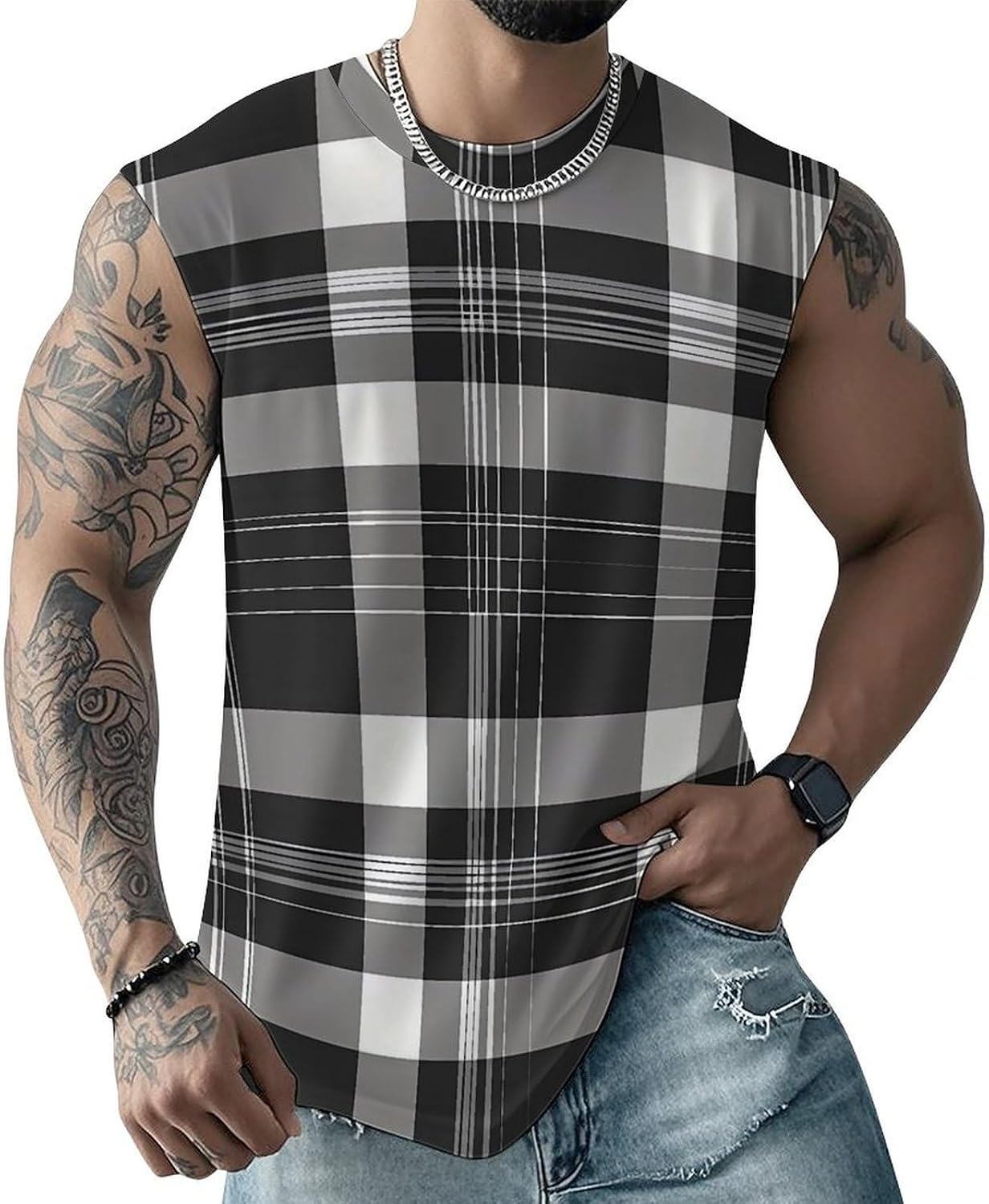 Black White Gray Plaid Men Summer Sleeveless Crew Neck Top 5XL