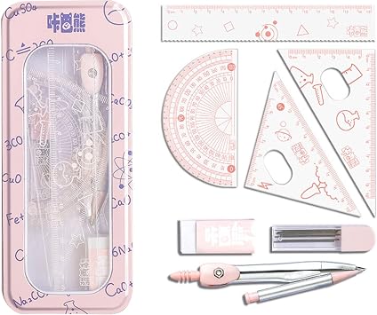 Math Geometry Kit with Rulers Protractor Compass Eraser Pencil Refills for Drafting and Drawings 8 Pieces/Set 8 Pcs Math Compass Rulers and Protractors Set Geometry Tools Kit Student School Supplies