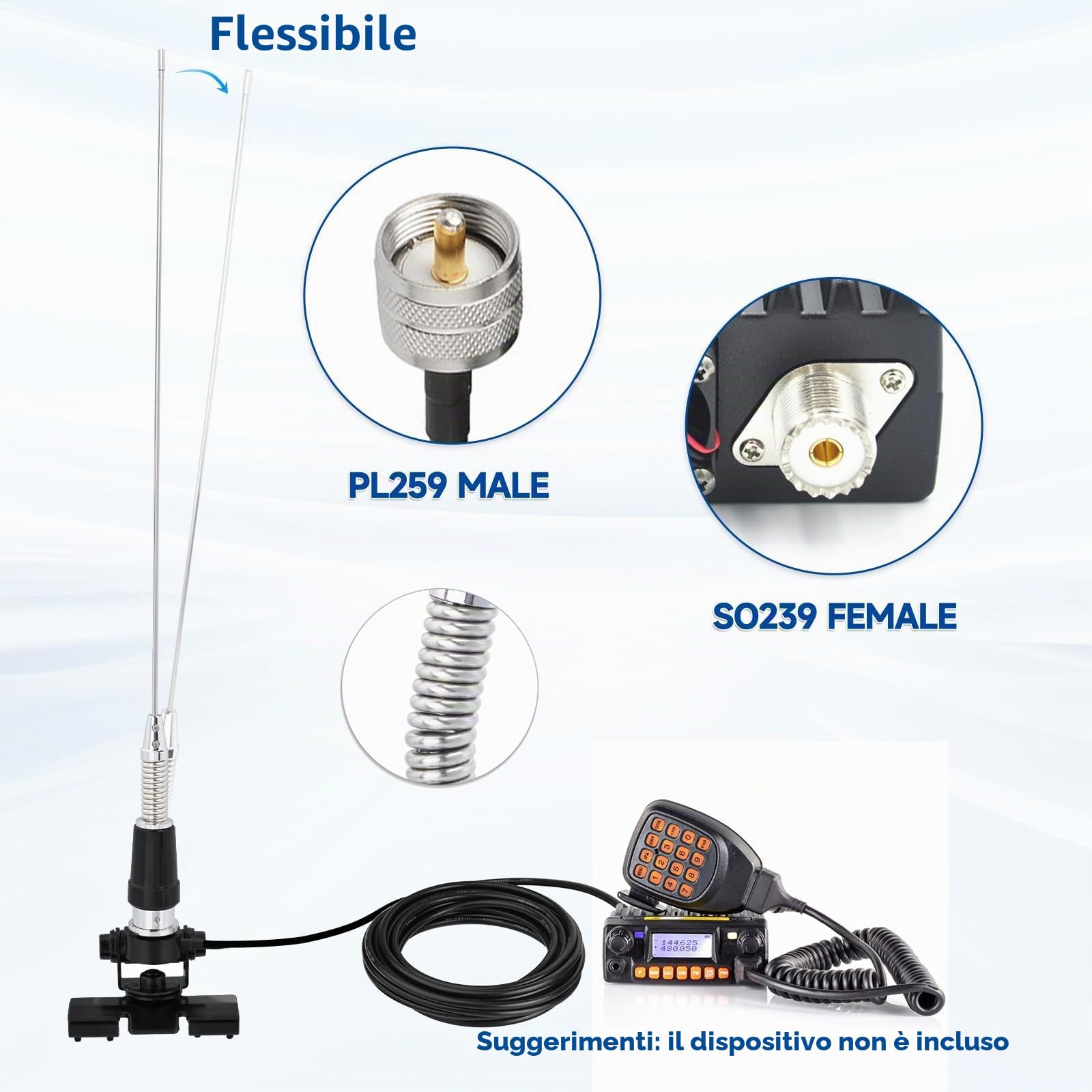 Bingfu Antenne Radio VHF Veicolare 136-174 MHz Fissa PL259 50 cm | con Molla di Ammortizzamento, Supporto a Staffa, Cavo 5 m, per Camion Camper, Radio Mobile, Radioamatore, VHF Marino