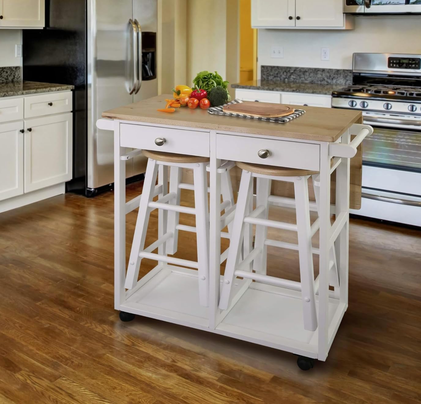 3-Piece Wood Dining Table Set with 2 Pub Stools, Rolling Caster Kitchen Island Table with Drop Leaf, Small Wooden Square Breakfast Bar Cart Trolley with Chairs and Drawers