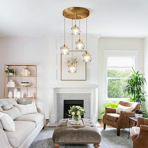 Miniatura 3 de Iluminación colgante de racimo de 5 luces de mediados de siglo, moderna lámpara colgante de isla de cocina de cristal dorado, lámpara colgante LED