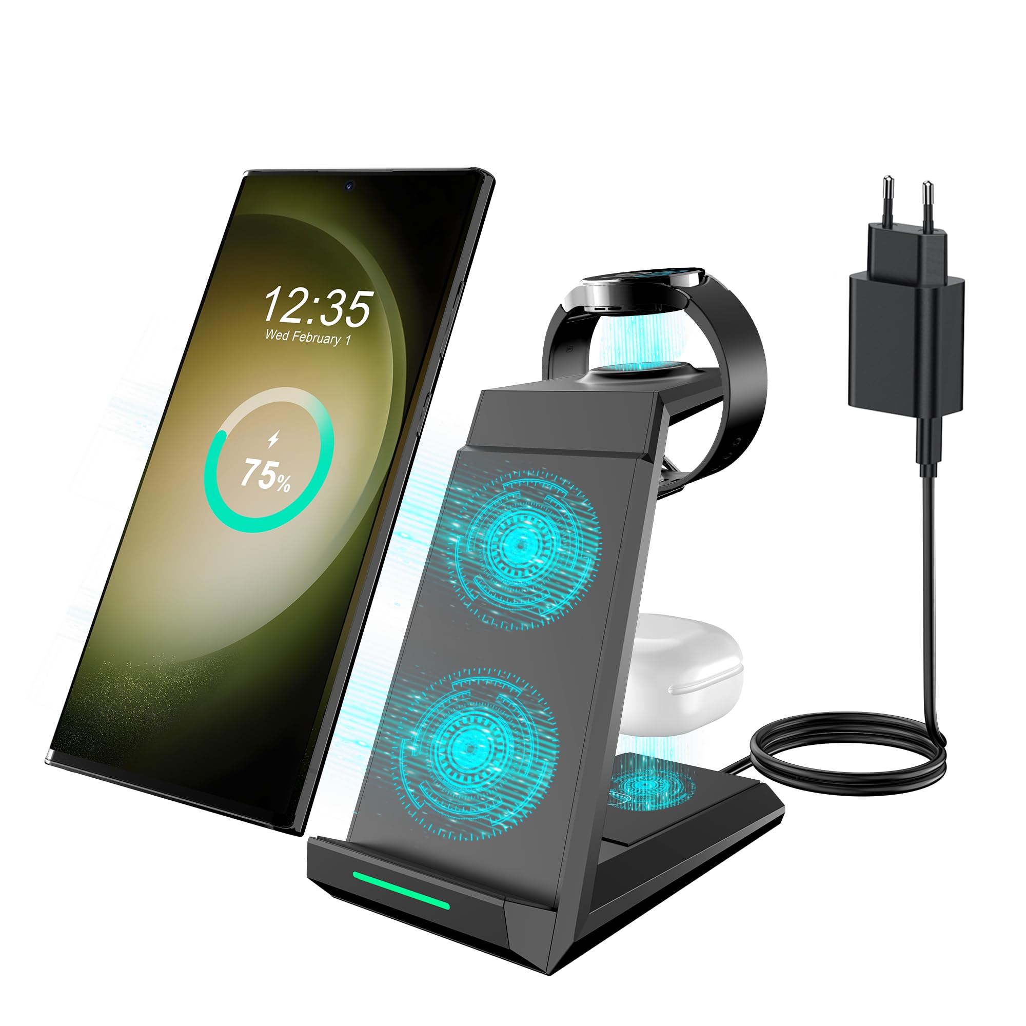 3 in 1 Ladestation für Samsung, ADADPU Induktive Ladestation für Samsung S26/S25/S24/S23/ZFlip/Fold mit 20W PD Adapter, Ladestation Mehrere Geräte für Samsung Galaxy Watch Ultra/8/7/6/5/4/Galaxy Buds