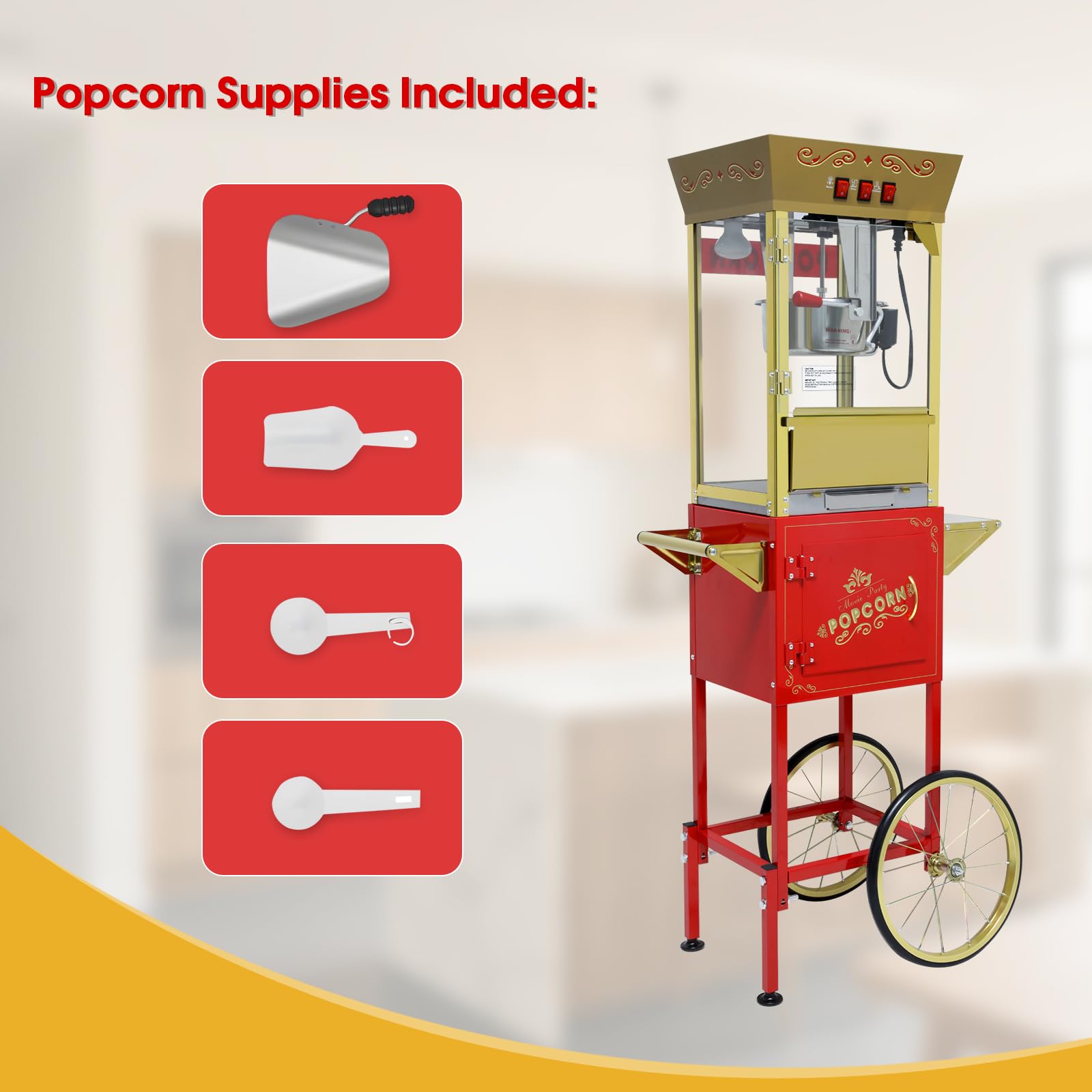 Carrello per popcorn da 340 g con bollitore in acciaio inossidabile, lampada termica e accessori per riunioni di famiglia, feste, vacanze e distributori di popcorn al cinema, rosso