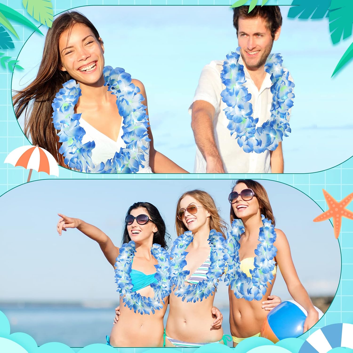 Sherr 24 Pcs LED Blue Leis Light Up Wedding Hawaiian Leis Flower Necklace with LED Lights Beach Tropical Carnival Party Wedding Supplies Luau for Masquerade