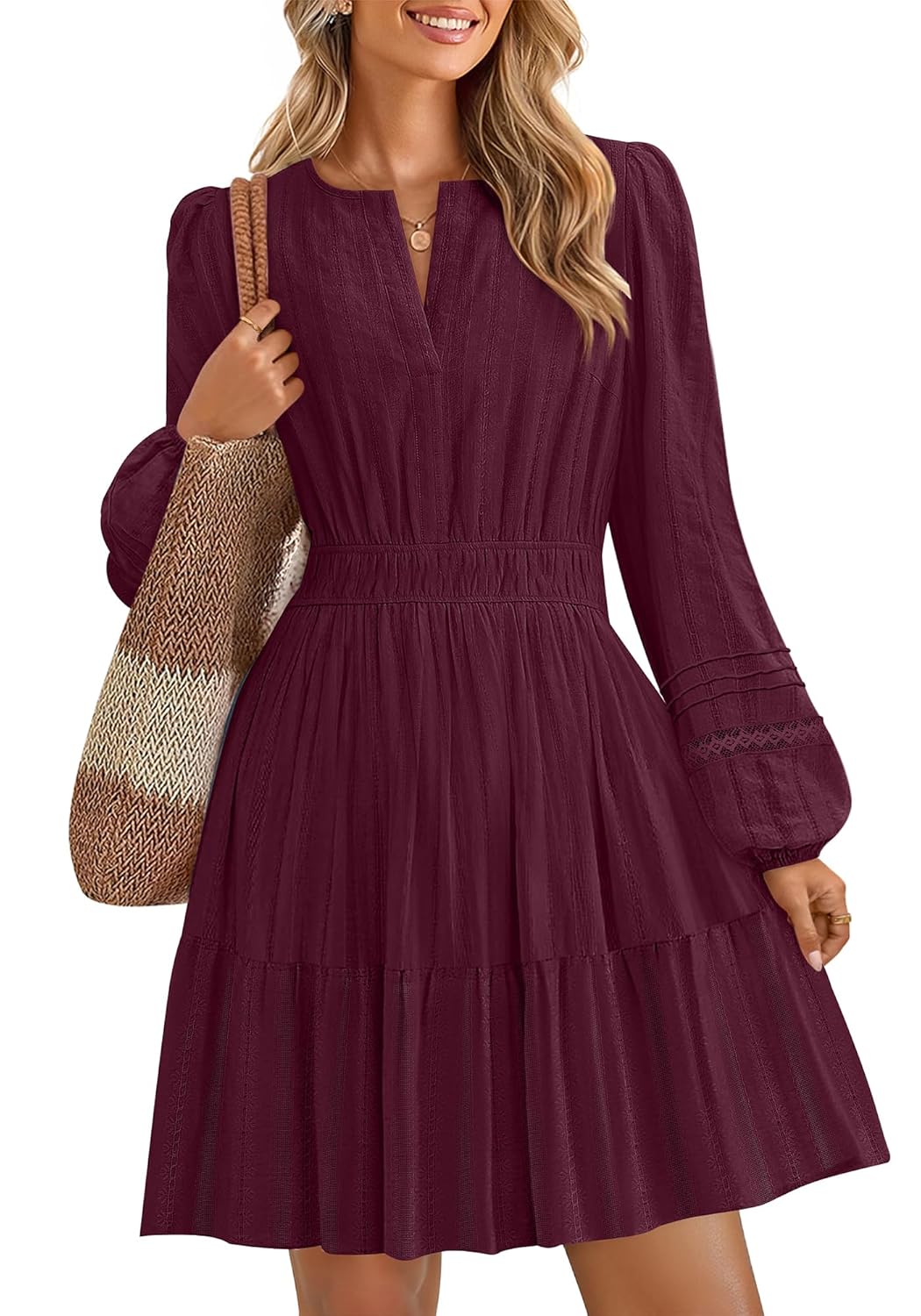 ZESICA Long Sleeve V Neck Mini Dresses for Women 2026 Spring High Waist Ruffle Pleated A Line Cocktail
