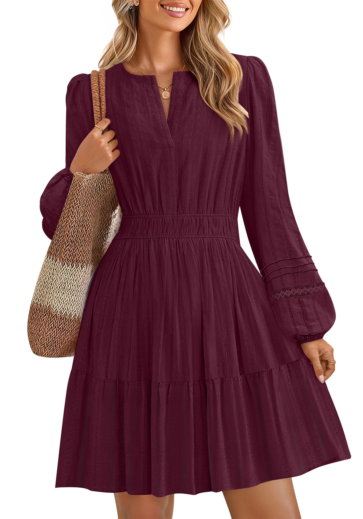 ZESICA Long Sleeve V Neck Mini Dresses for Women 2026 Spring High Waist Ruffle Pleated A Line Cocktail