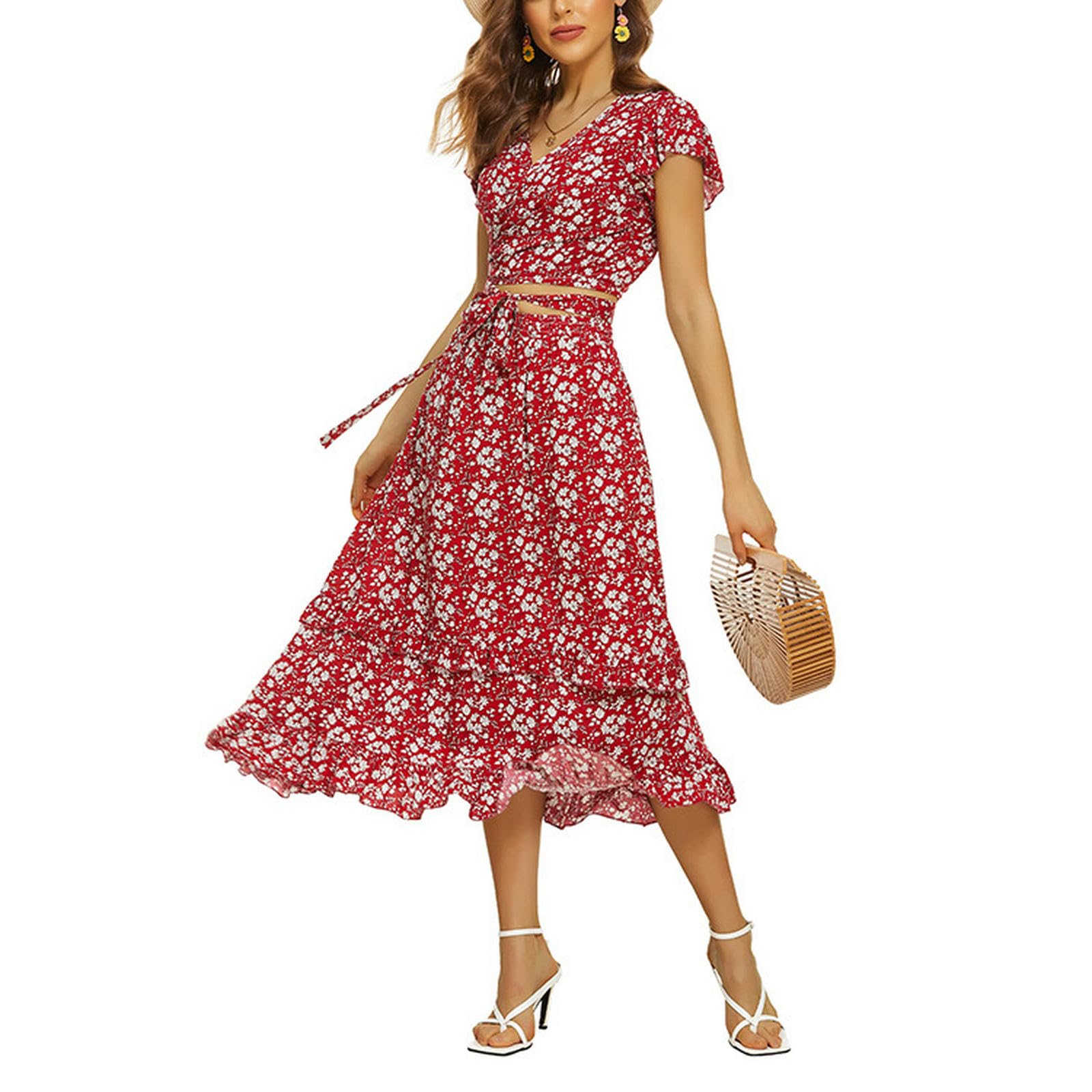 Robe 2 pièces pour femmes tenue été ensemble jupe midi à fleurs S
