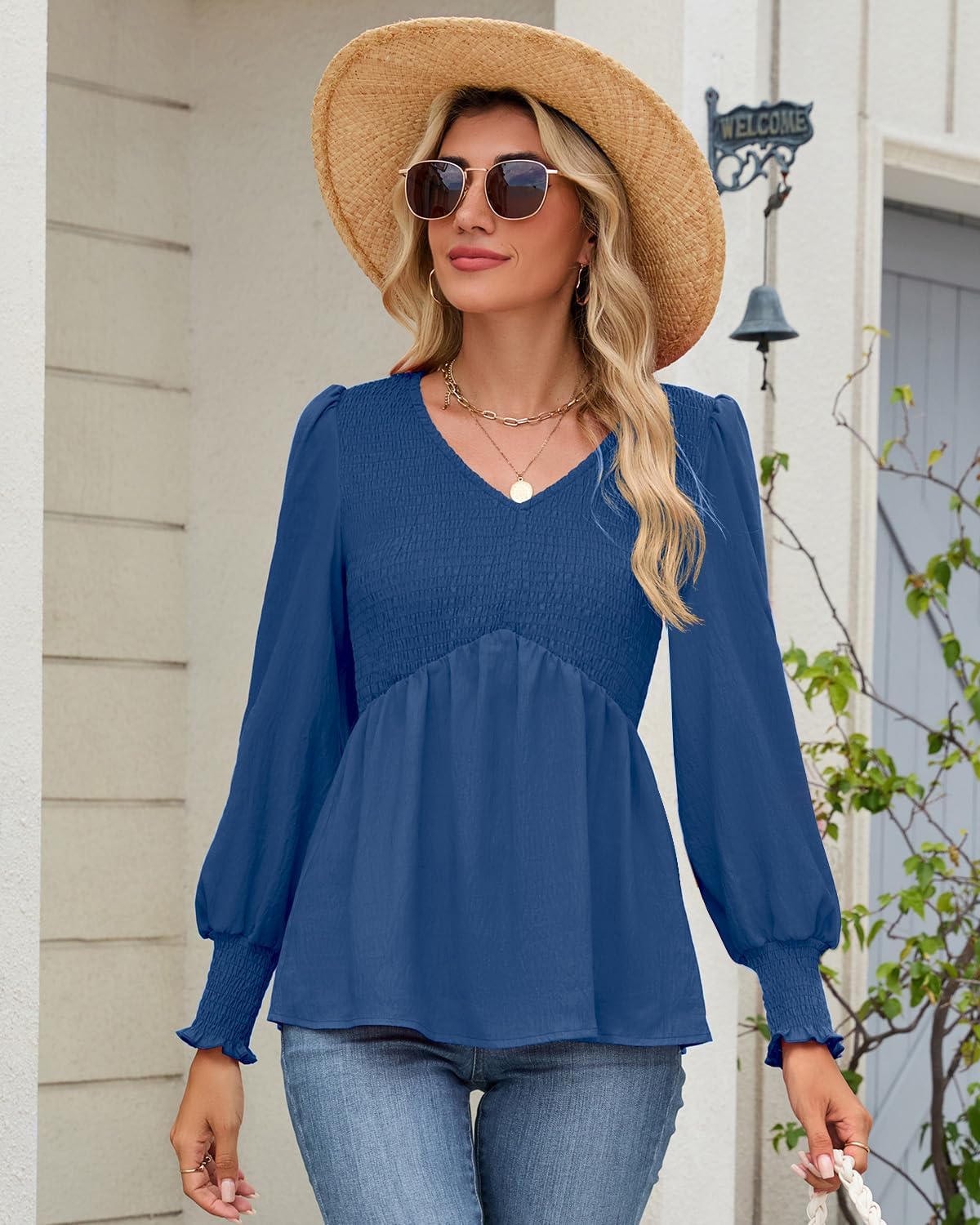 HEYTALALA Womens Long Sleeve Shirts V Neck Peplum Tops Dressy Casual Smocked Babydoll Blouses 2025 Fall Trendy Outfits - Image 4