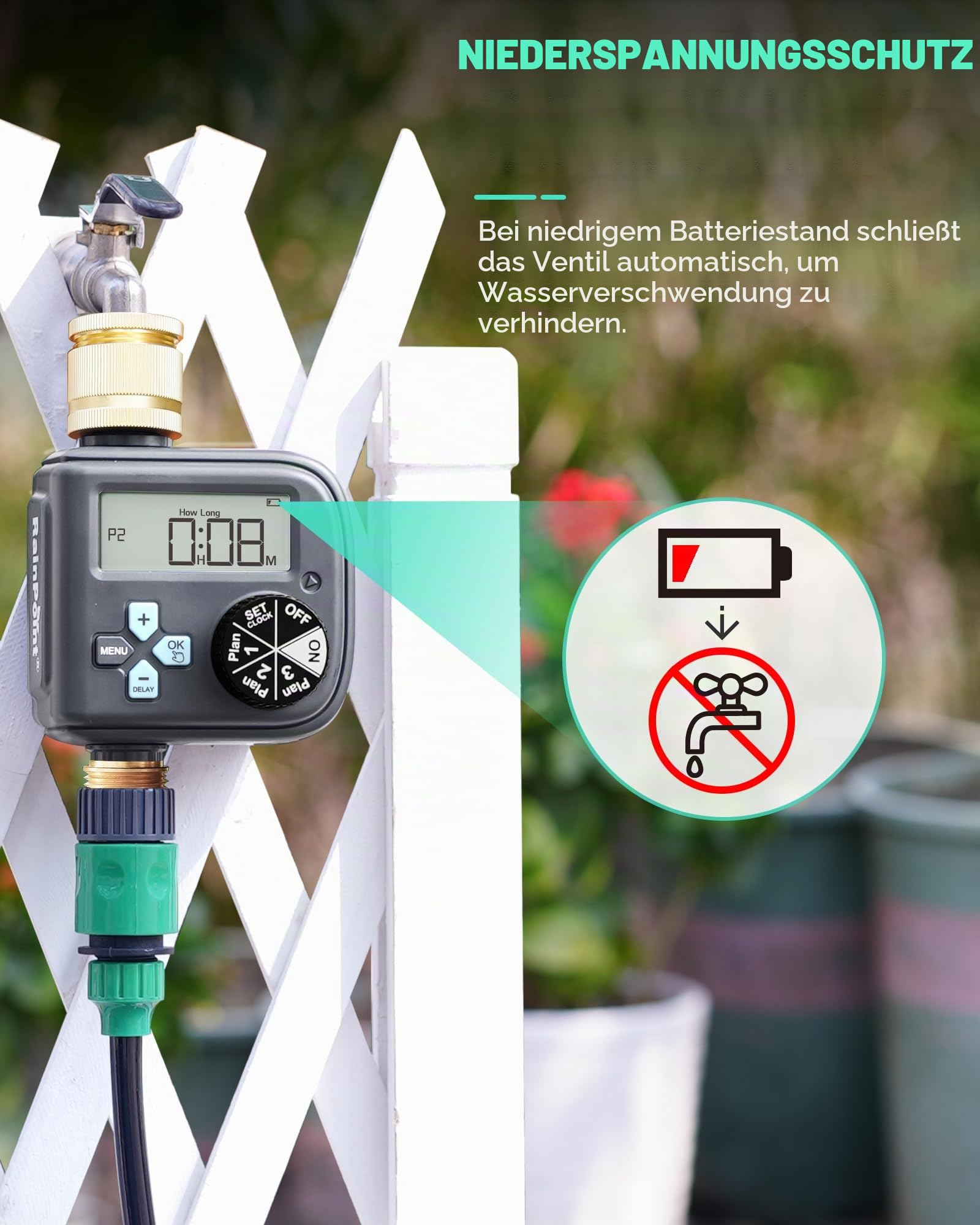 RAINPOINT Bewässerungscomputer mit Messing-Einlass und -Auslass, Wasserzeitschaltuhr mit 3 Zeitplänen, Automatische Bewässerung, Programmierbar nach Woche/Intervallstunden & Tagen, für Rasen, Garten