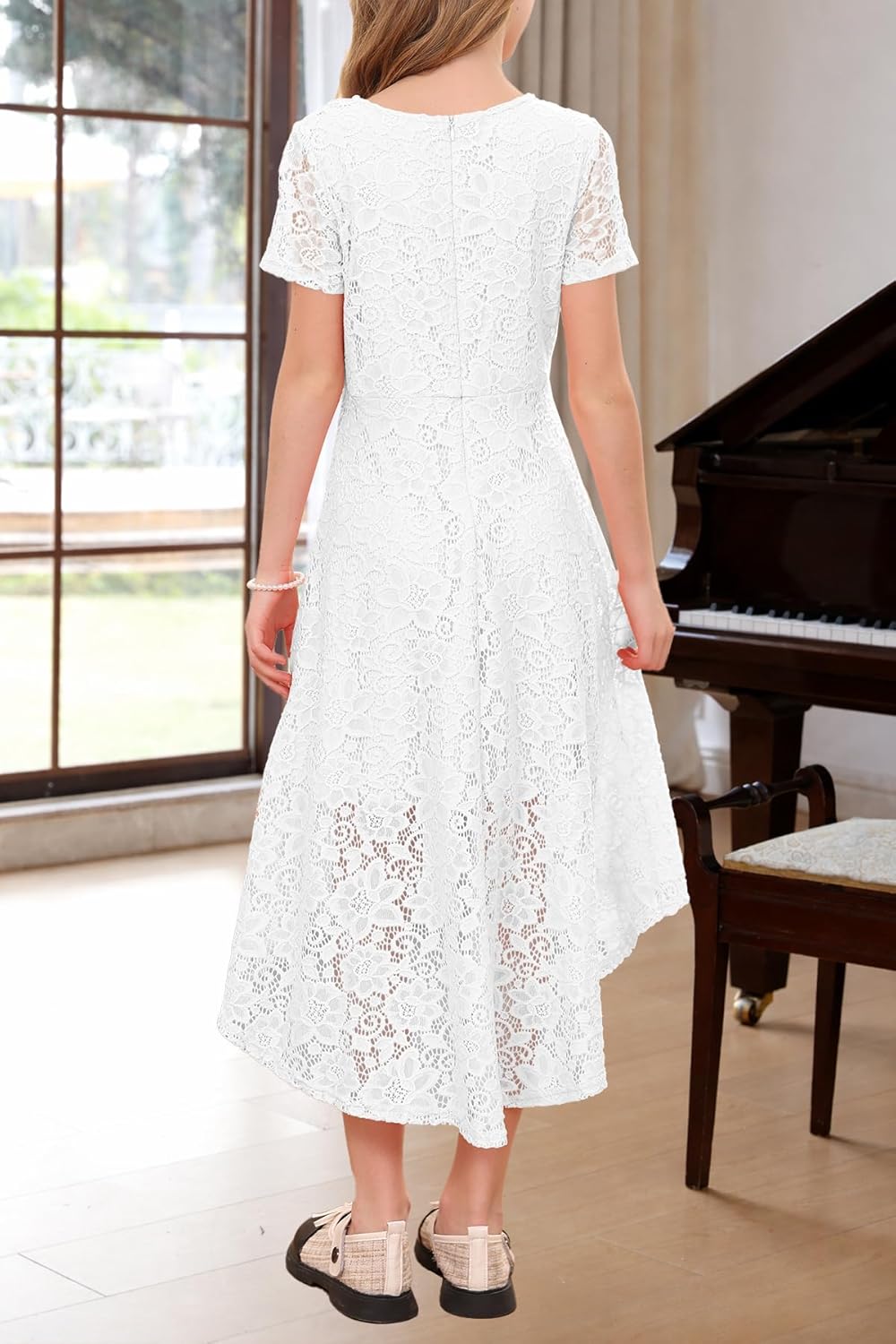 YOVION Girls Lace High Low Dress A-Line Wedding Party Junior Bridesmaid Dresses for 6-12 Years