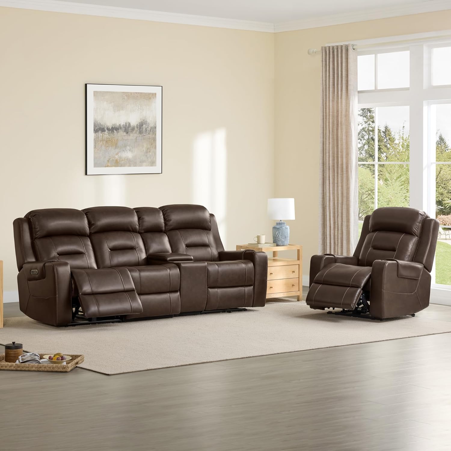Watson & Whitely Genuine Leather Power Recliner Chairs for Adults, Lay Flat Recliner with Power Headrest, USB Ports and Cup Holders, Electric Reclining Sofa for Living Room, Bedroom, Dark Brown
