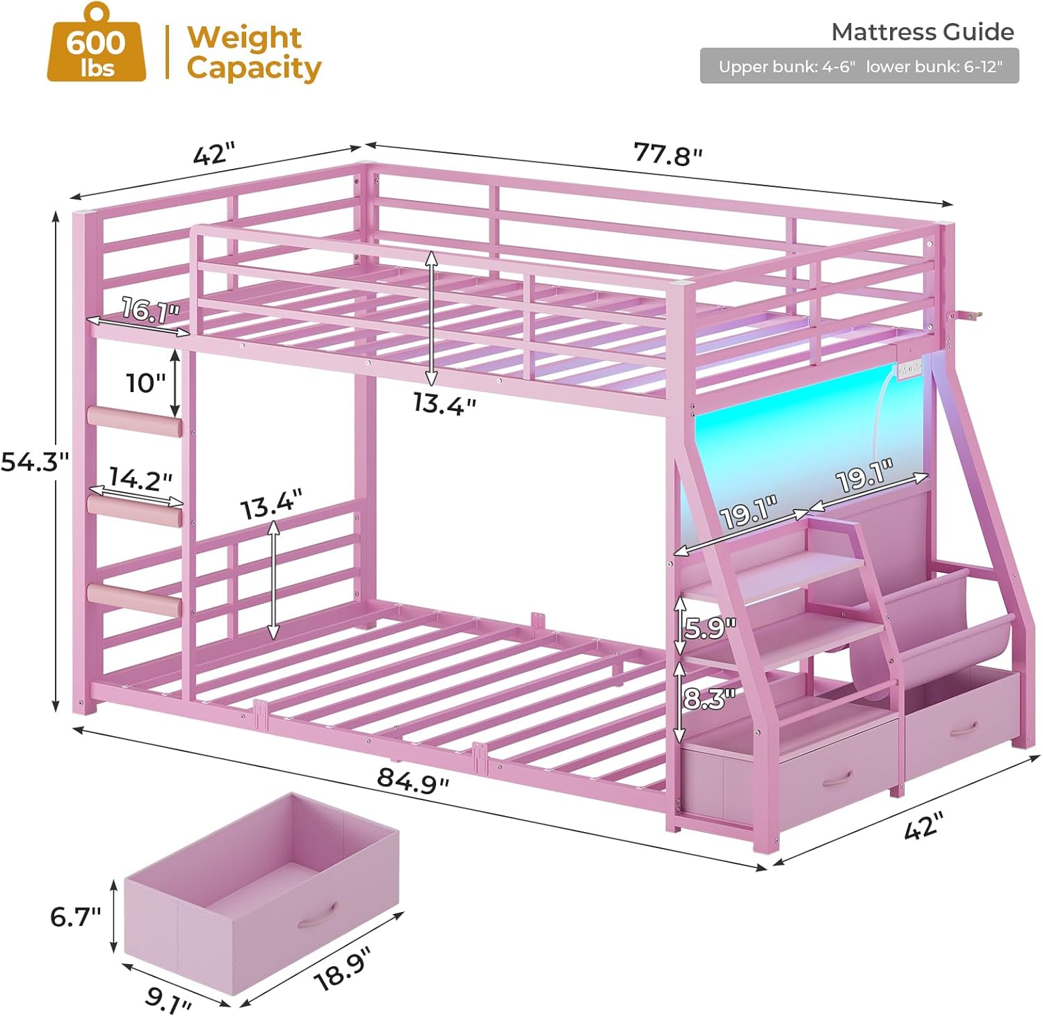 ADORNEVE Low Bunk Bed Twin Over Twin with Montessori Bookshelf, Storage Drawers & Power Outlet, LED Metal Floor Bunk with Full-Length Guardrail & Metal Slats, No Box Spring Needed, for Kids, Pink