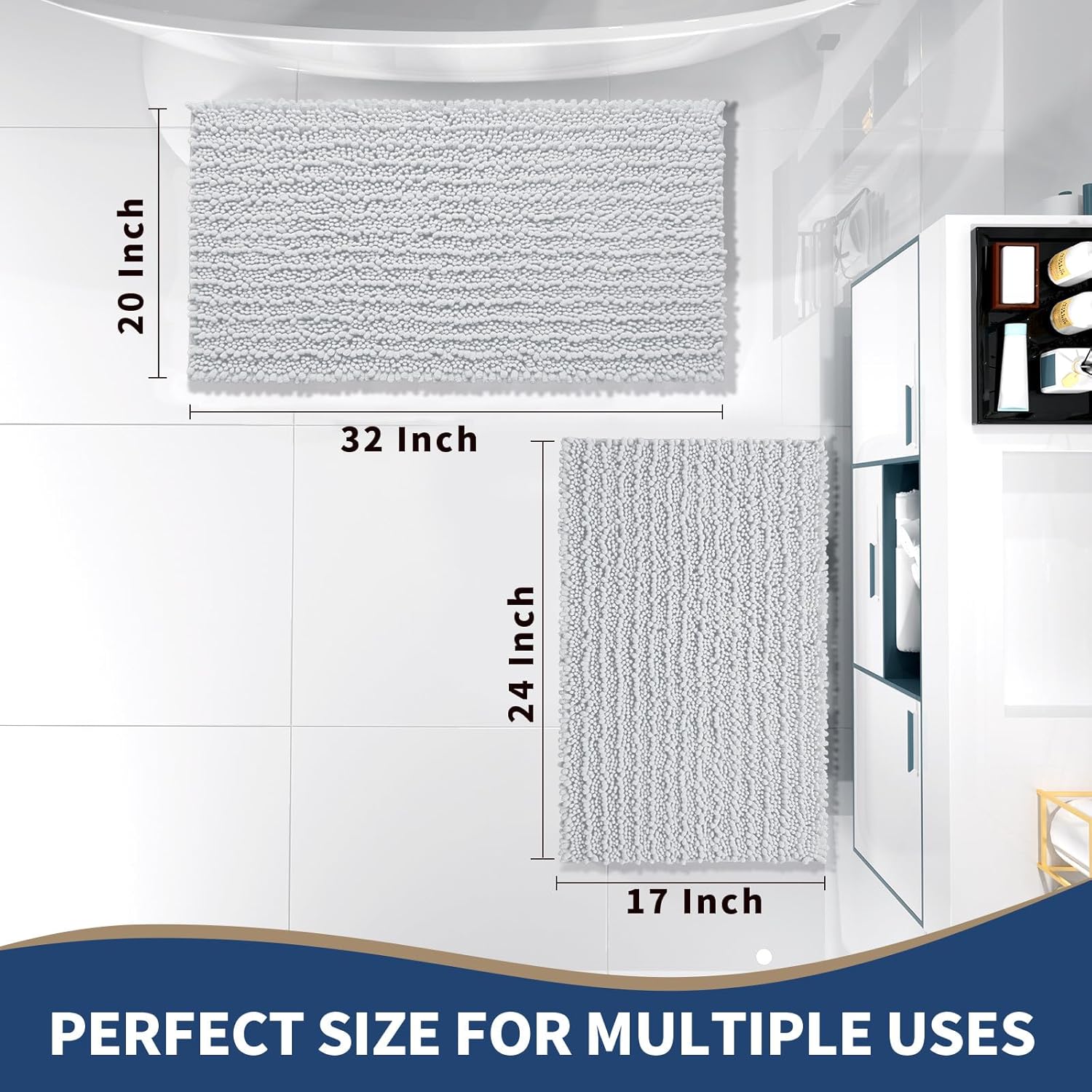 Yimobra Bathroom Rugs Sets 2 Piece - Quick Dry Extra Thick Luxury Chenille Bath Mat, Non Slip Super Absorbent for Tub Shower Sink, Machine Washable Shaggy Floor Mat, 32"x20"+24"x17" Inch, Silver - Image 2