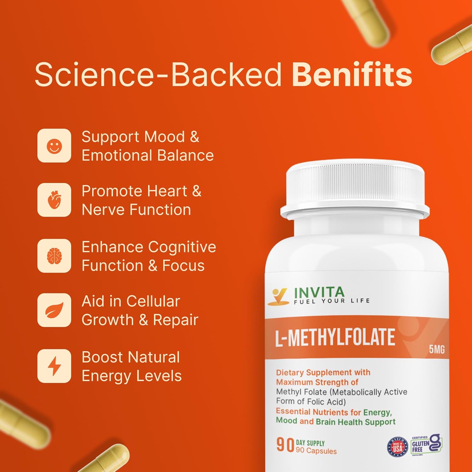 INVITA L-Methylfolate 5mg – Physician Formulated Active Methyl Folate - 5-MTHF Supplement for Energy, Mood & Brain Health Support - Non GMO, Gluten Free, 90 Capsules (3 Month Supply)