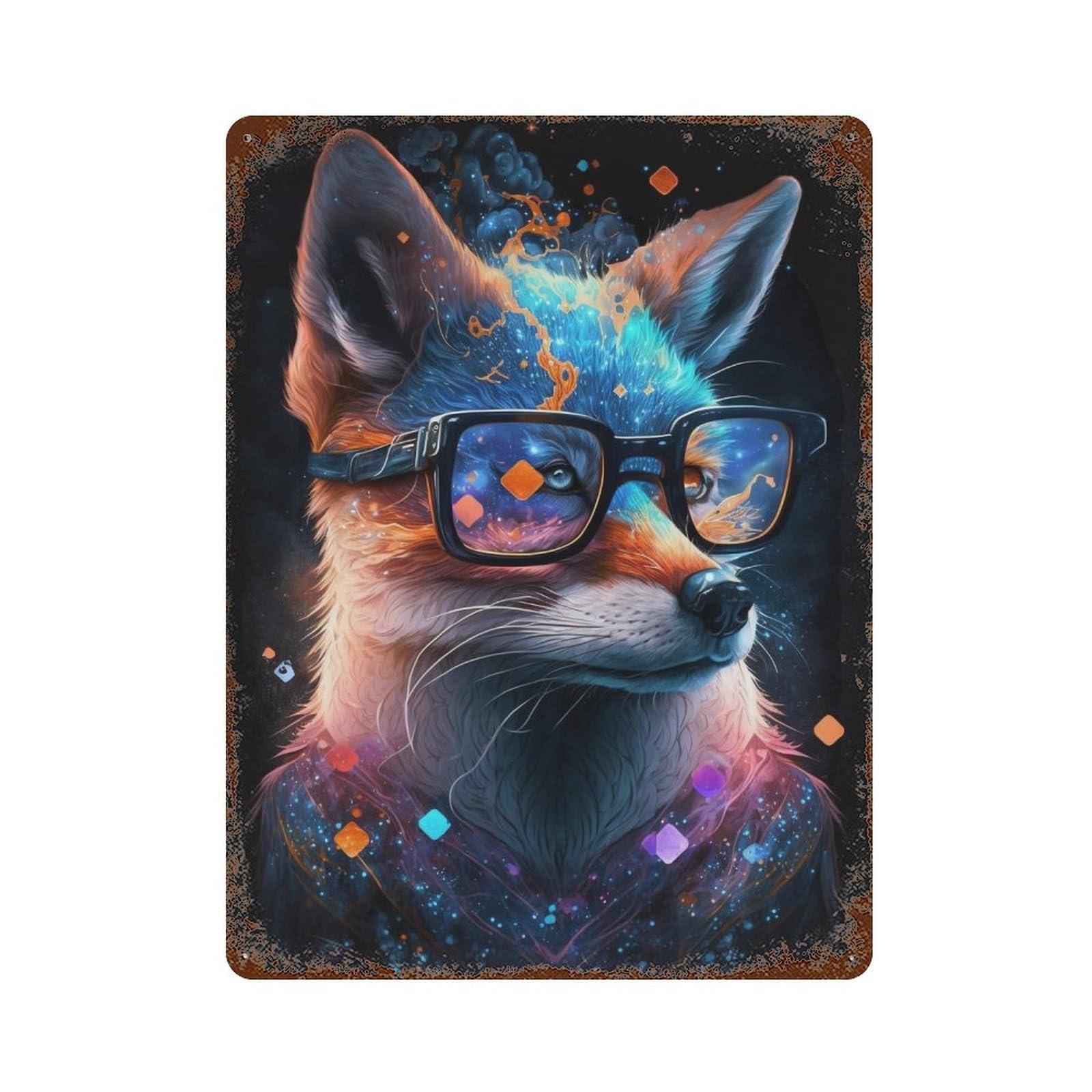 Rustic Tin Plaque Cosmic Fox Glasses Art Print 15.7"x11.8", Vintage Wall Decor for Pub, Kitchen And Man Cave Decor
