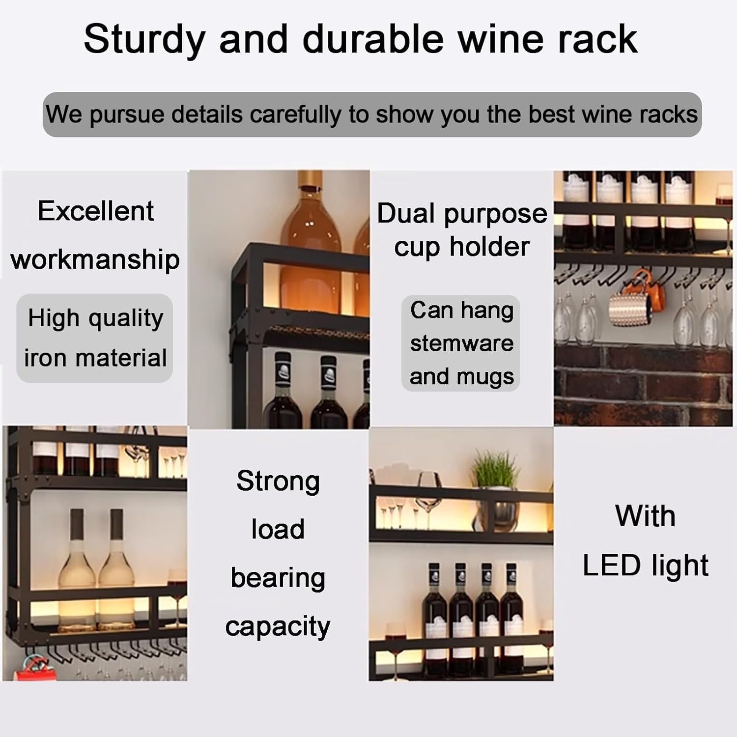 Wall-Mounted Wine Rack with LED Light - Modern 3-Tier Metal Wine Bottle Holder & Glasses Shelf for Home Bar Display (Size: 31.5x9.8x35.4in)