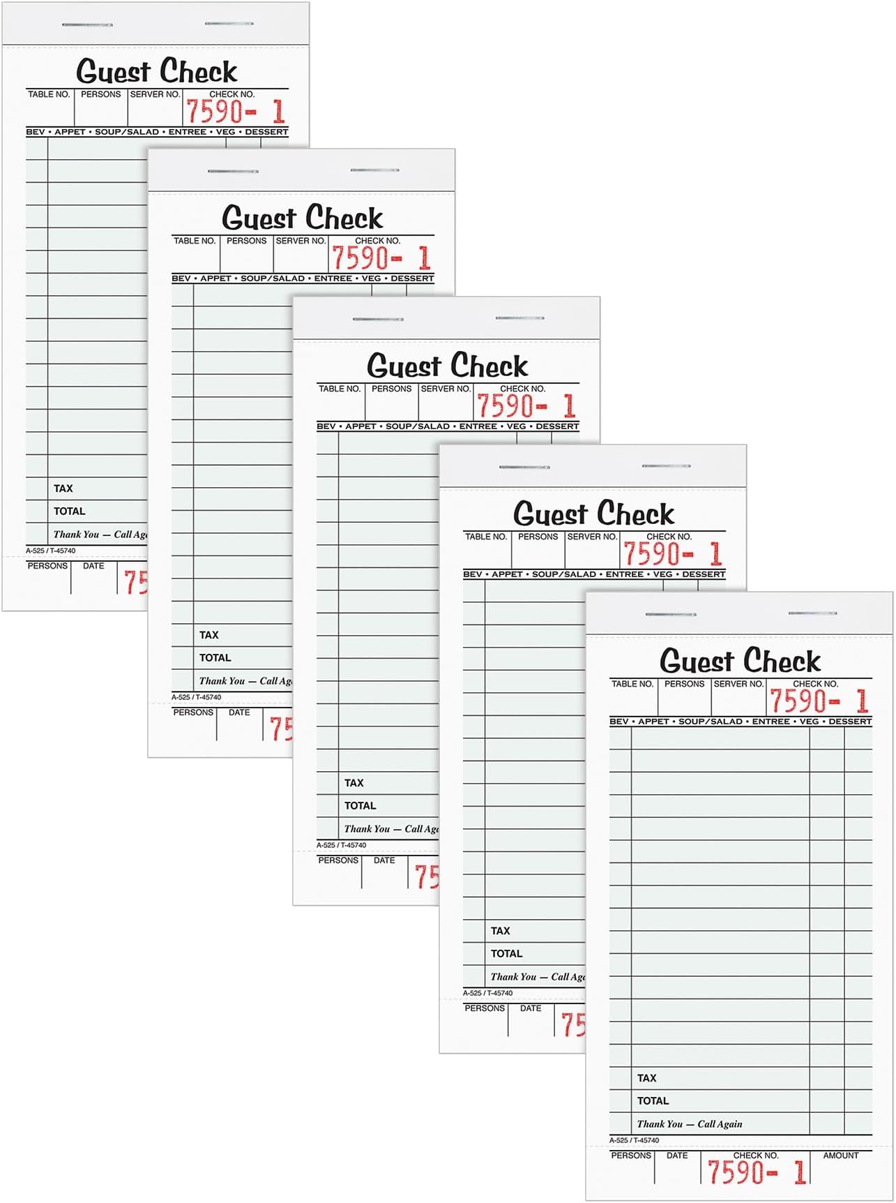 Adams Guest Check Pads, Single Part, Perforated, White, 3-2/5" x 6-3/4 ", 50 Sheets/Pad, 5 Pads/Pack (525SWMT)