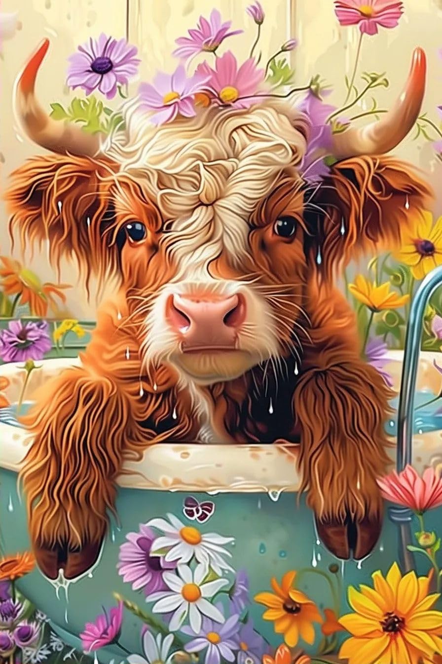 Highland Cow Diamond Painting Kit For Adults – Full Round Drill 5D DIY Art | 14x14 Inch Home Wall Decor