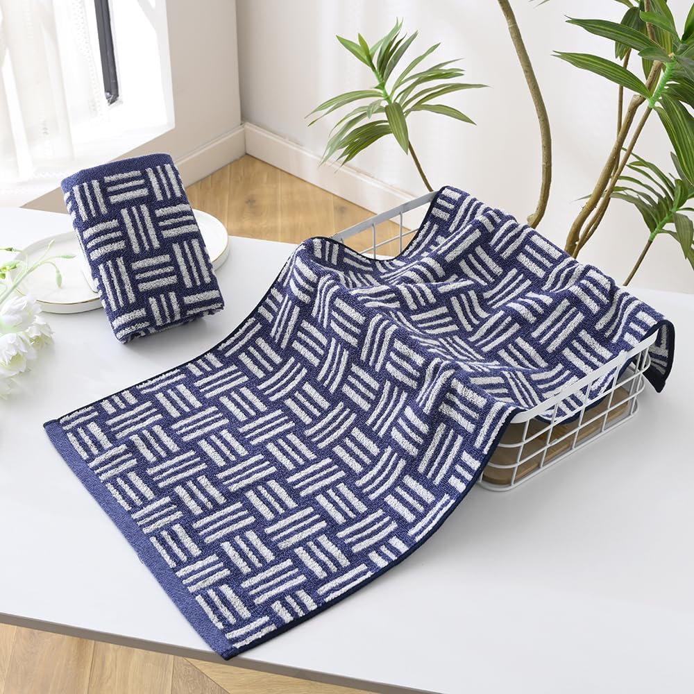 YiLUOMO White Striped Pattern Blue Hand Towel Set of 2 Super Soft 100 Percent Terry Cotton Ultra Absorbent Quick Dry Bathroom Hand Towel 13 X 29 inch