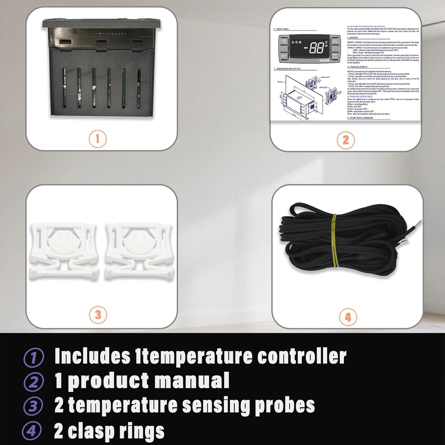 Replacement for Dixell XR06CX-4N1F1 Temperature Controller, Fit for 120V 50-60Hz Commercial Refrigerators/Freezerwith Temperature Sensor Probes & Clasp