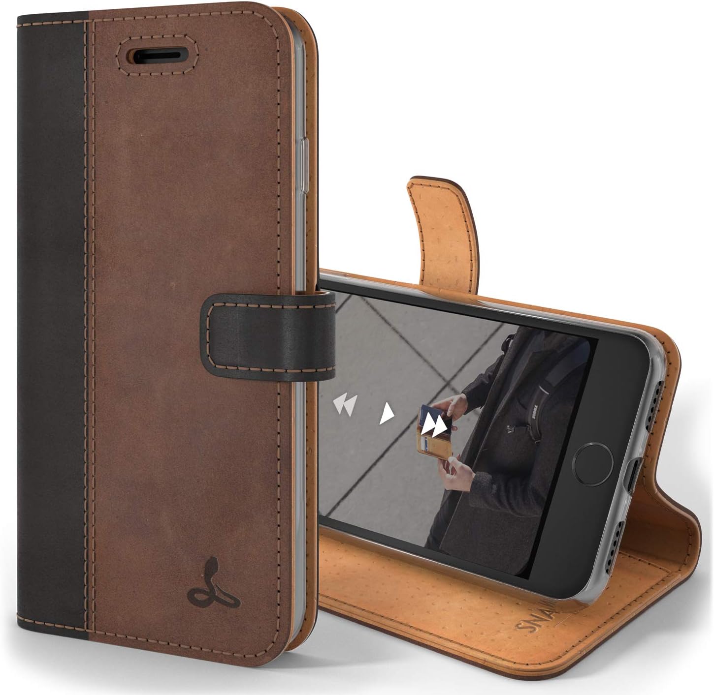 Snakehive Vintage Wallet for Apple iPhone 8 || Real Leather Wallet Phone Case || Genuine Leather with Viewing Stand & 3 Card Holder || Flip Folio Cover with Card Slot (Black/Brown)
