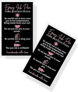 Epoxy Pen Care Card | 50 Pack 2x3.5" inches Business Sized Card | For Handmade Epoxy Resin Gel Pen Crafters | Epoxy Pen Supplies Black with Rosey Pink Design