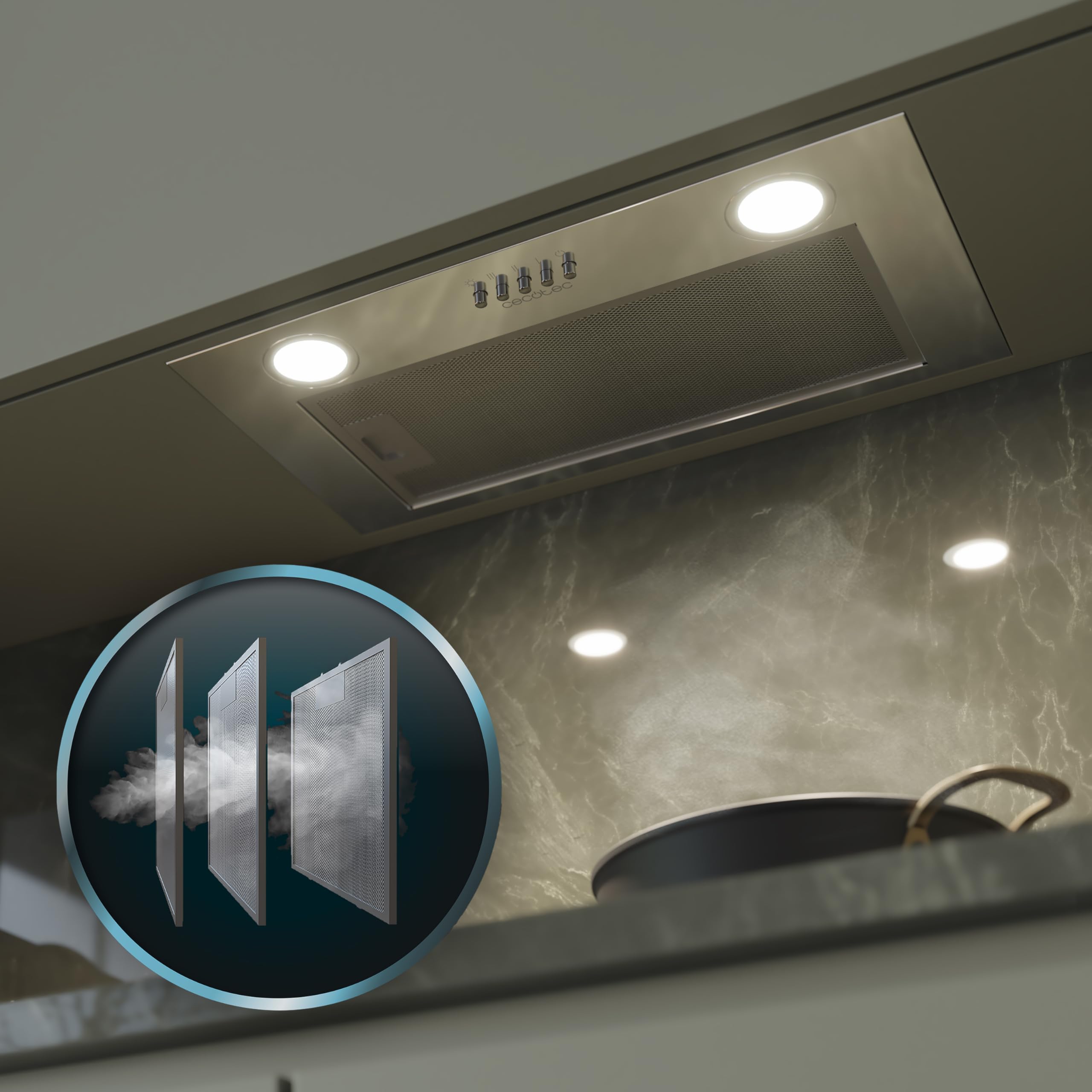 Cecotec Cappa Aspirante 52 cm Integrata Flux IM 523500 Inox B. Potenza Di Aspirazione 350M3/H, Motore 70W, Controllo Meccanico, 3 Livelli Di Potenza, Luce E Filtro Al Carbonio, Inox