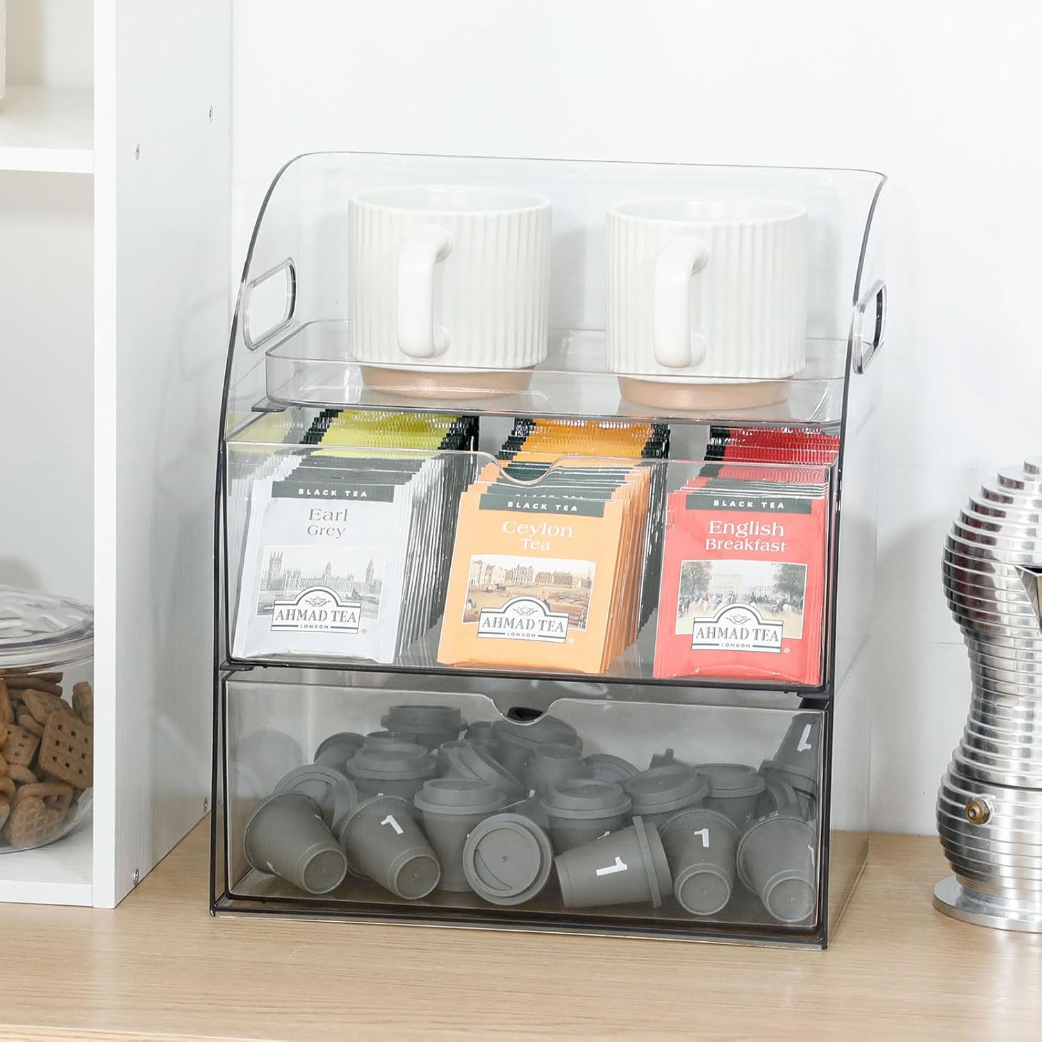 Clear Kitchen and Pantry Organizer with Drawer, Plastic Trash Bags and Dishwasher Pods Dispenser Holder Under Sink, Large Storage Container with Handle for Laundry and Bathroom