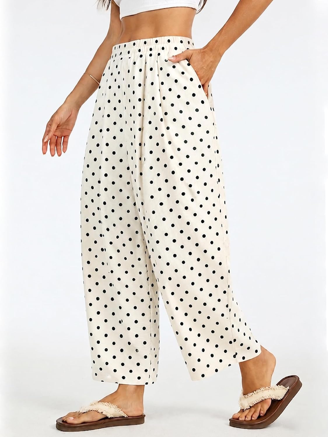 ELLEVEN Women's Linen Wide-Leg Pants, Lightweight Baggy Loose Ankle Pants