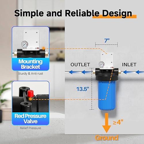 Miniatura 6 de PUREPLUS Filtro de agua para toda la casa de 1 etapa, con filtro de agua reductor de hierro y manganeso, carcasa universal de cartucho de 10" x