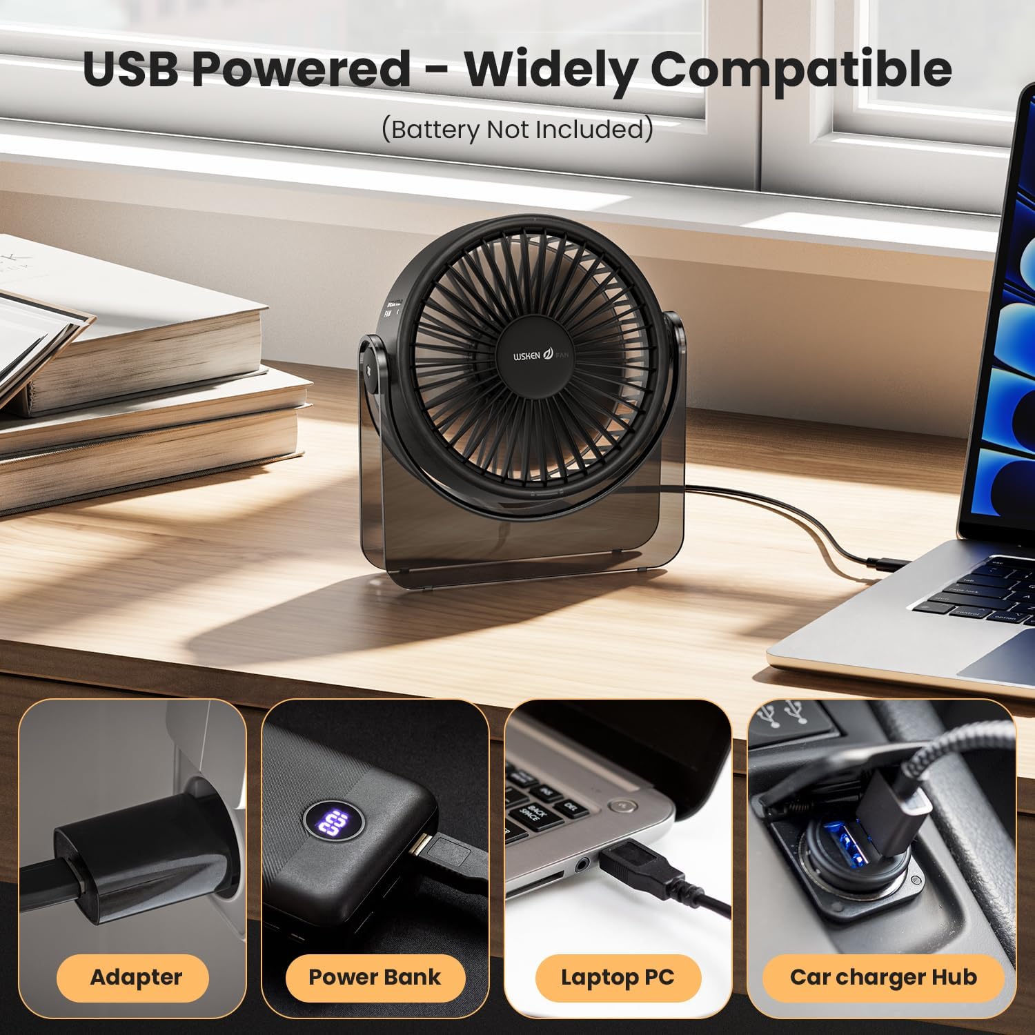 WSKEN USB Small Desk Fan - [Aesthetic Design] Mini But Powerful Portable Ultra Quiet 3 Speeds Wind Desktop Personal Fan for Outdoor Travel Bedroom Bedside Table Top Office,Acrylic Base,Black
