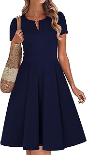 Womens Summer Short Sleeve V Neck Knee Length Fit and Flare A Line Vintage Business Casual Work Dresses with Pockets