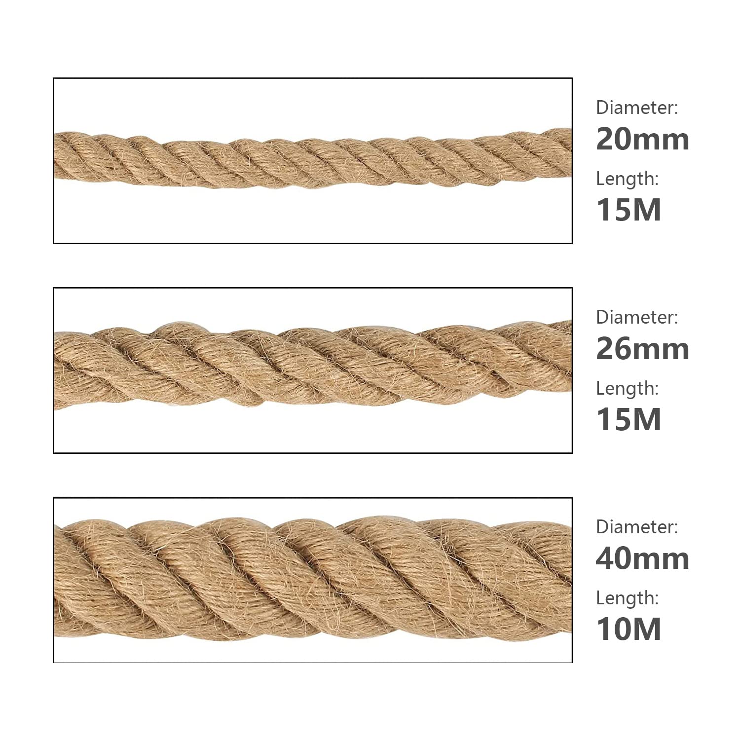 Cuerda de cuerda de yute con cordel, cuerda de cáñamo gruesa natural de 20 mm, cuerda de yute, cuerda de cáñamo retorcida, cuerda de manila retorcida, rascador, cuerda de jardinería (20 mmx15 m) | Cuerda de 4 hebras natural de arpillera trenzada de manila
