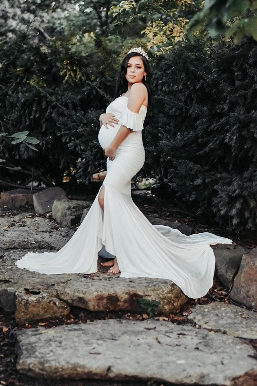 Saslax Off Shoulder Ruffle Sleeves Elegant Fitted Maxi Maternity Dress for Photoshoot Baby Shower : Clothing, Shoes & Jewelry