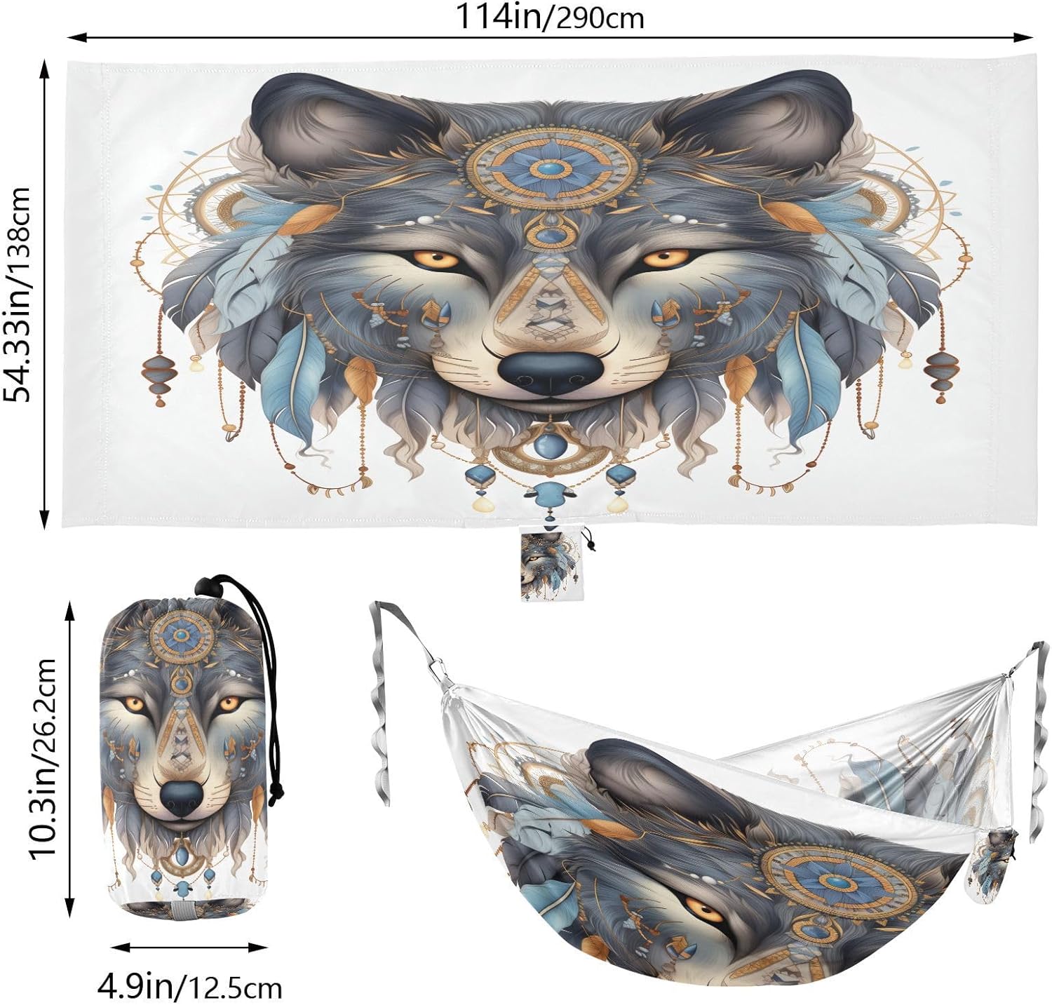 ALAZA Wolf Boho Dreamcatcher Camping Hammocks Single or 2 Person 500 lbs Portable Parachute Travel Hammock w/Tree Straps for Hiking Backpacking Indoor Outdoor