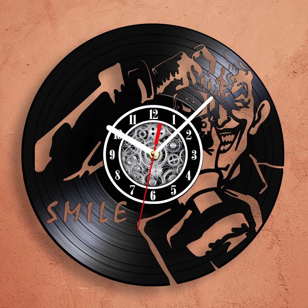 The Geeky Days Take Photo Design Vinyl Record Wall Clock 12inch Battery Silent Quartz Joker Smile Vintage LP Record Hanging Watch Home Decor Handmade Gift