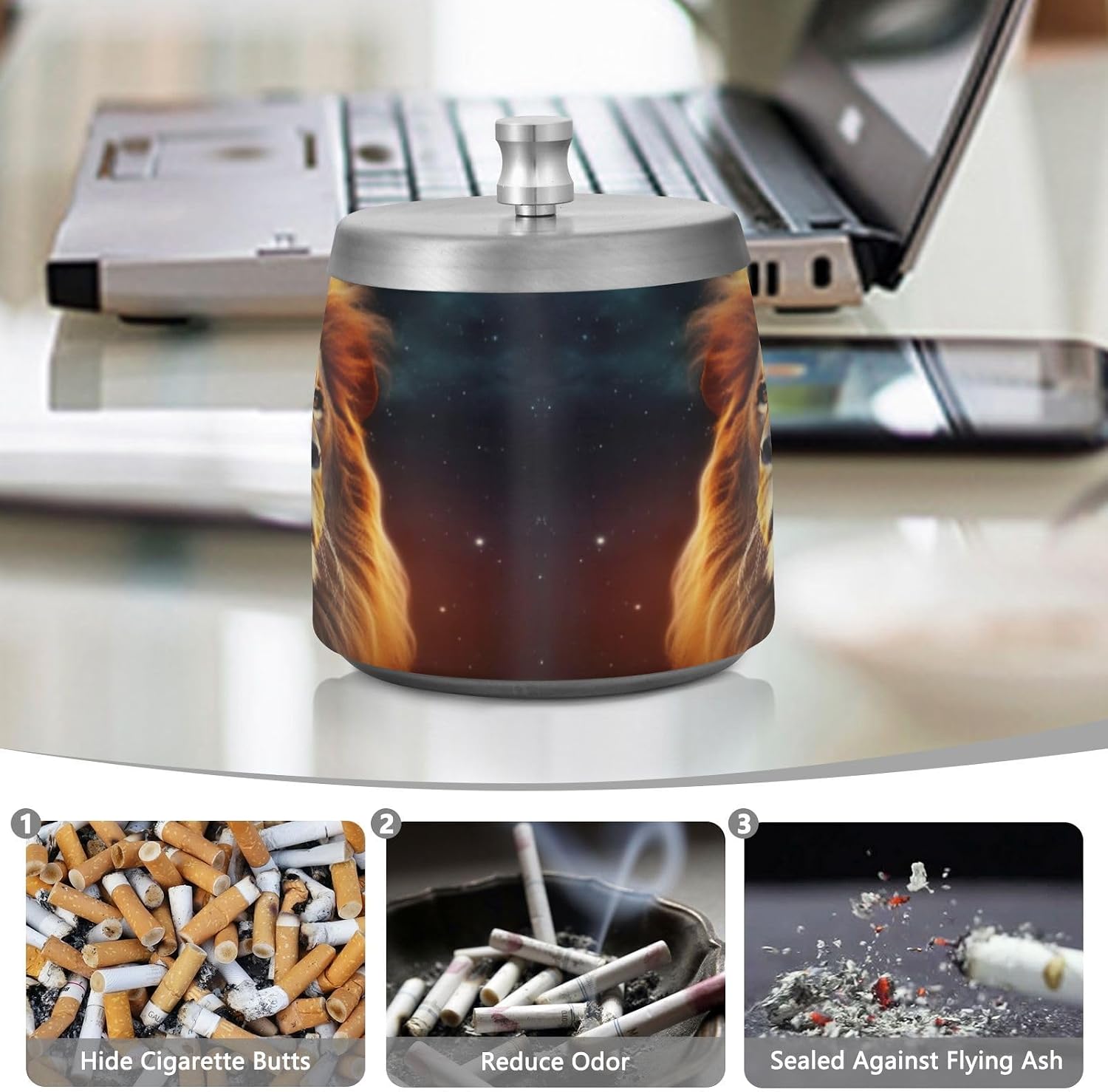 Beautiful Lion Ashtray w/Lid, Stainless Steel Ash Tray Smokeless Odorless Windproof Ashtrays for Outdoors, Home, Office, Patio, Balcony Use