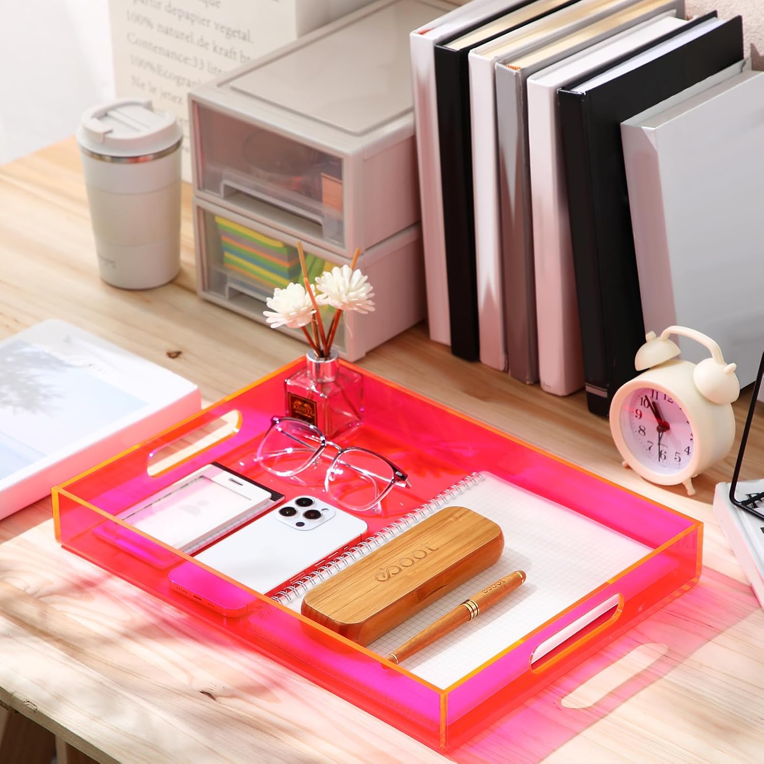 2 Pack Large Acrylic Serving Trays with Handles Neon Pink Clear Serving Trays for Bar Party Ottoman Coffee Table Drink Spill Proof, Large: 16", Middle: 15''