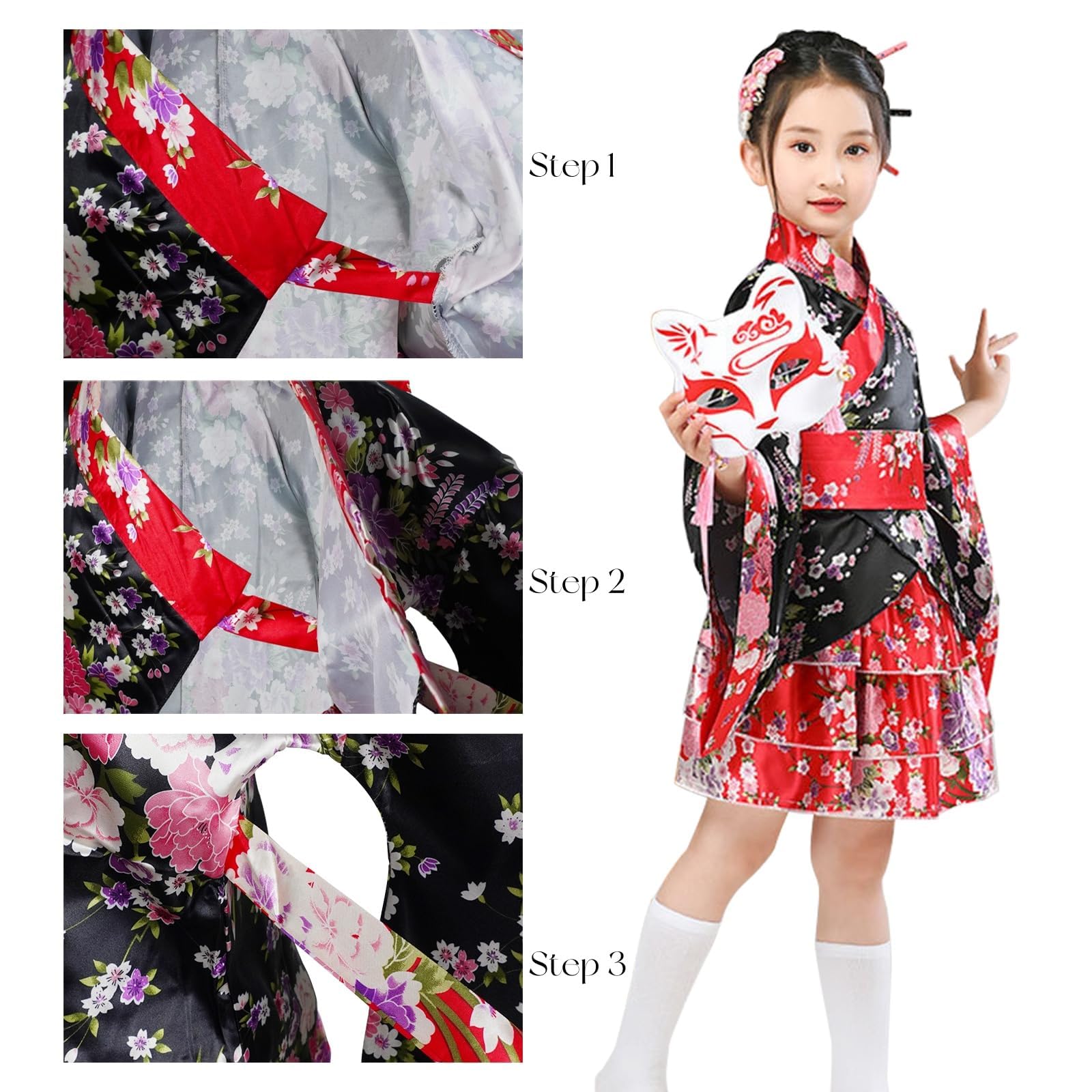 5 Pièces Ensemble Kimono Filles, Traditionnel Japonais Yukata Style Robe avec Accessoires, Idéal pour les événements culturels et les party à thème