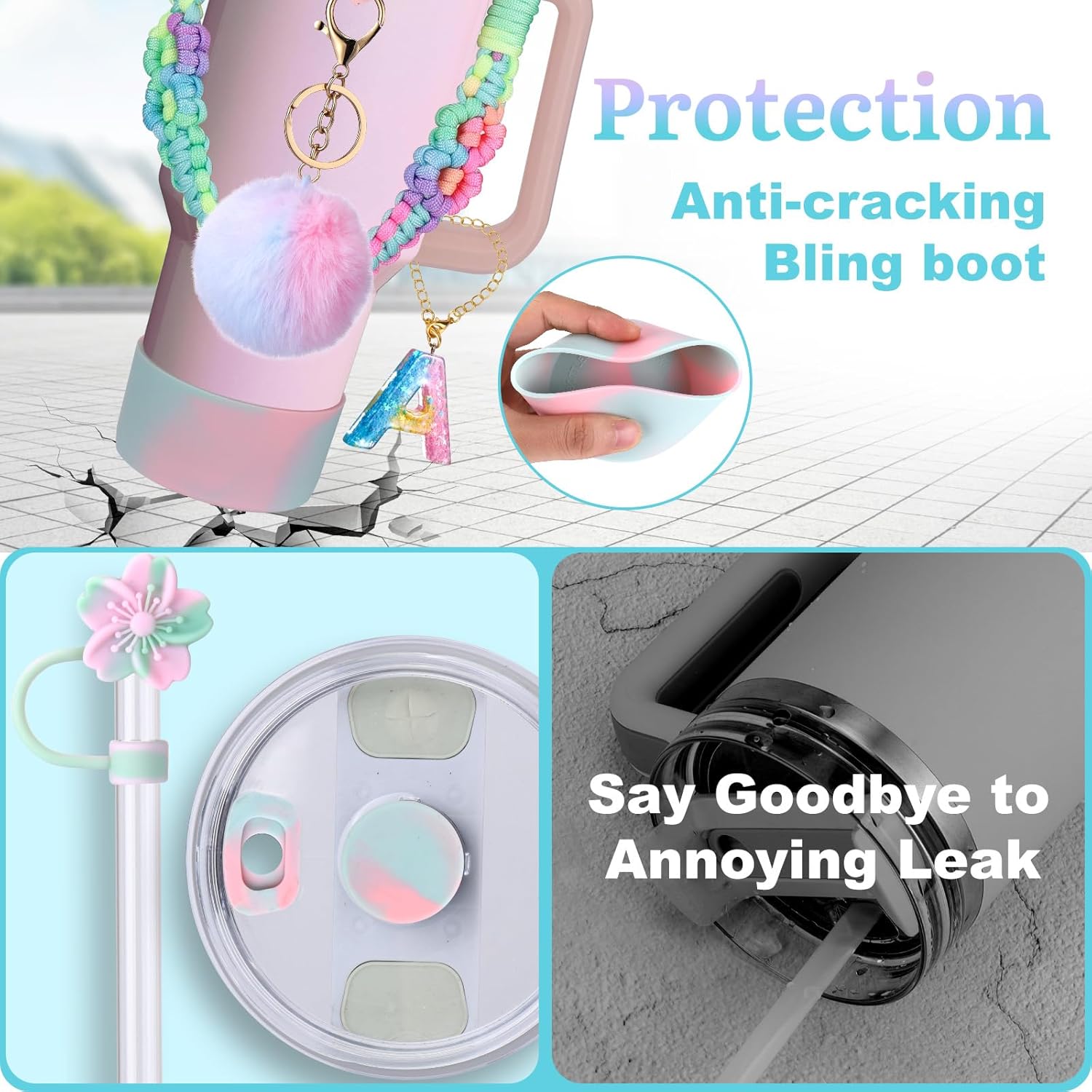 Mity rain 9PCS Cup Accessories for Stanley Cup 30oz 40oz 20oz tumbler with handle - Includes Colorful Water Bottle Handle Strap,Straw Topper,Spill-Proof Stopper,initials Charms,Boot,Pom-Pom Decorate - Image 6